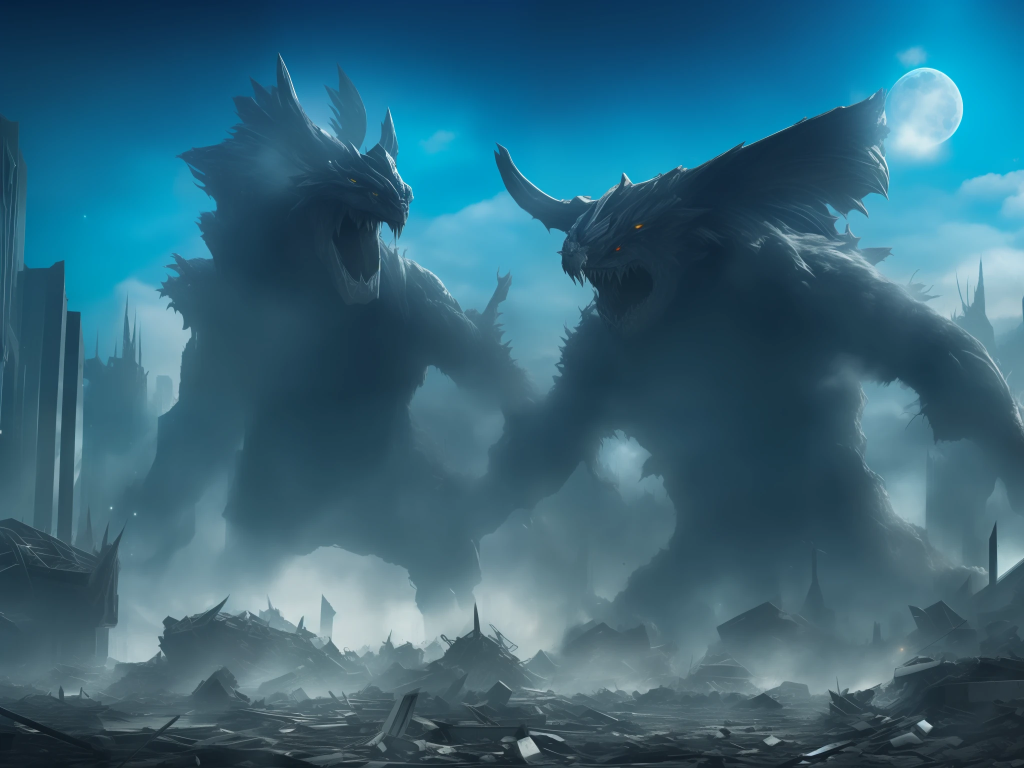 Huge cosmic monster creatures thousands of meters high，In the metropolis，Destruction of large buildings，The city is dilapidated，There is a lot of war