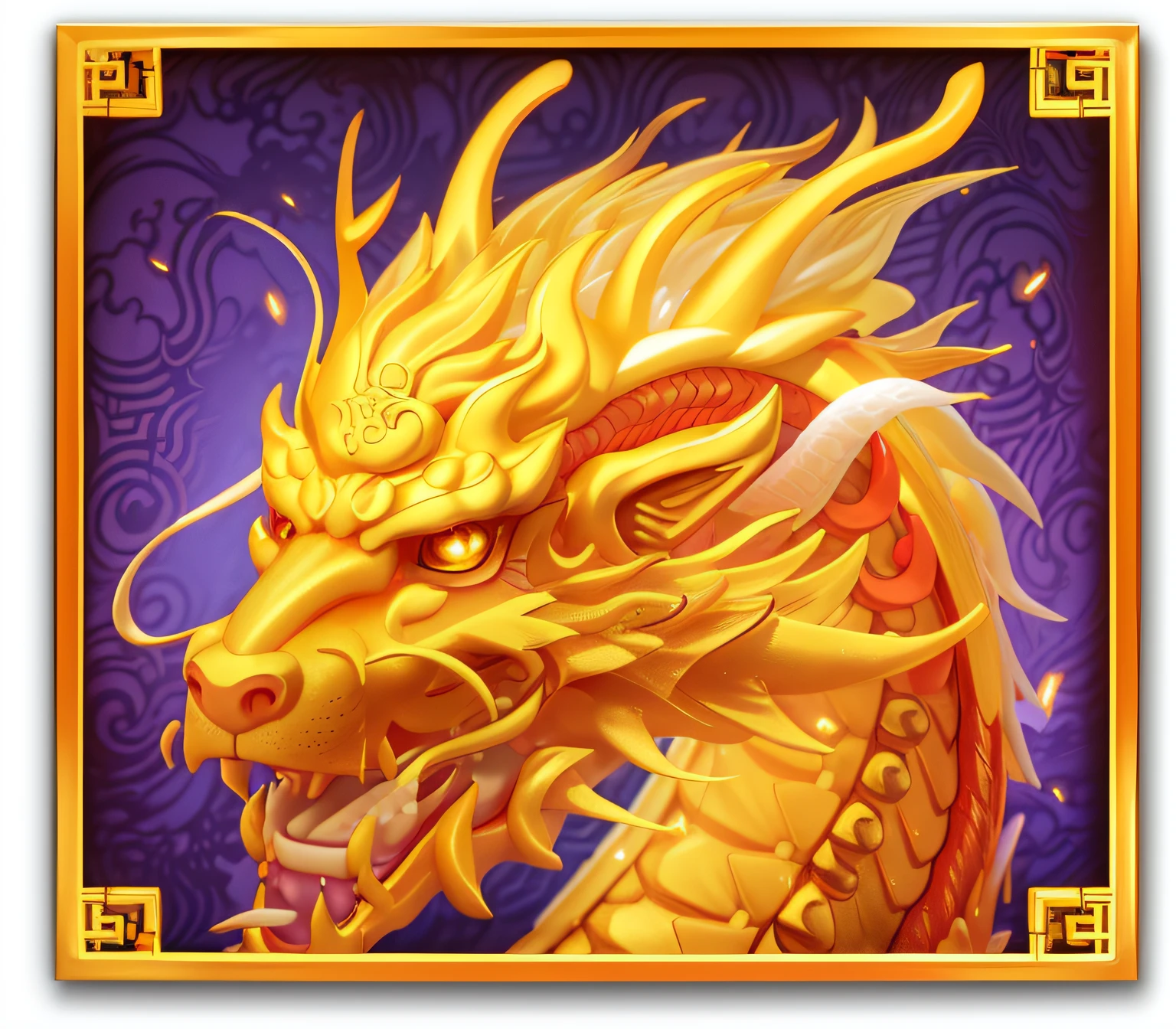 a golden dragon with a purple background and a gold frame, golden dragon, Legendary Dragon, smooth chinese dragon, phoenix dragon, yellow dragon head festival, shui mo hua, fire dragon, soft delicate draconic features, faucet, epic dragon, China Dragon, drak, jellyfish phoenix dragon, long dragon, sleek dragon head, dragon portrait, ryujin --auto