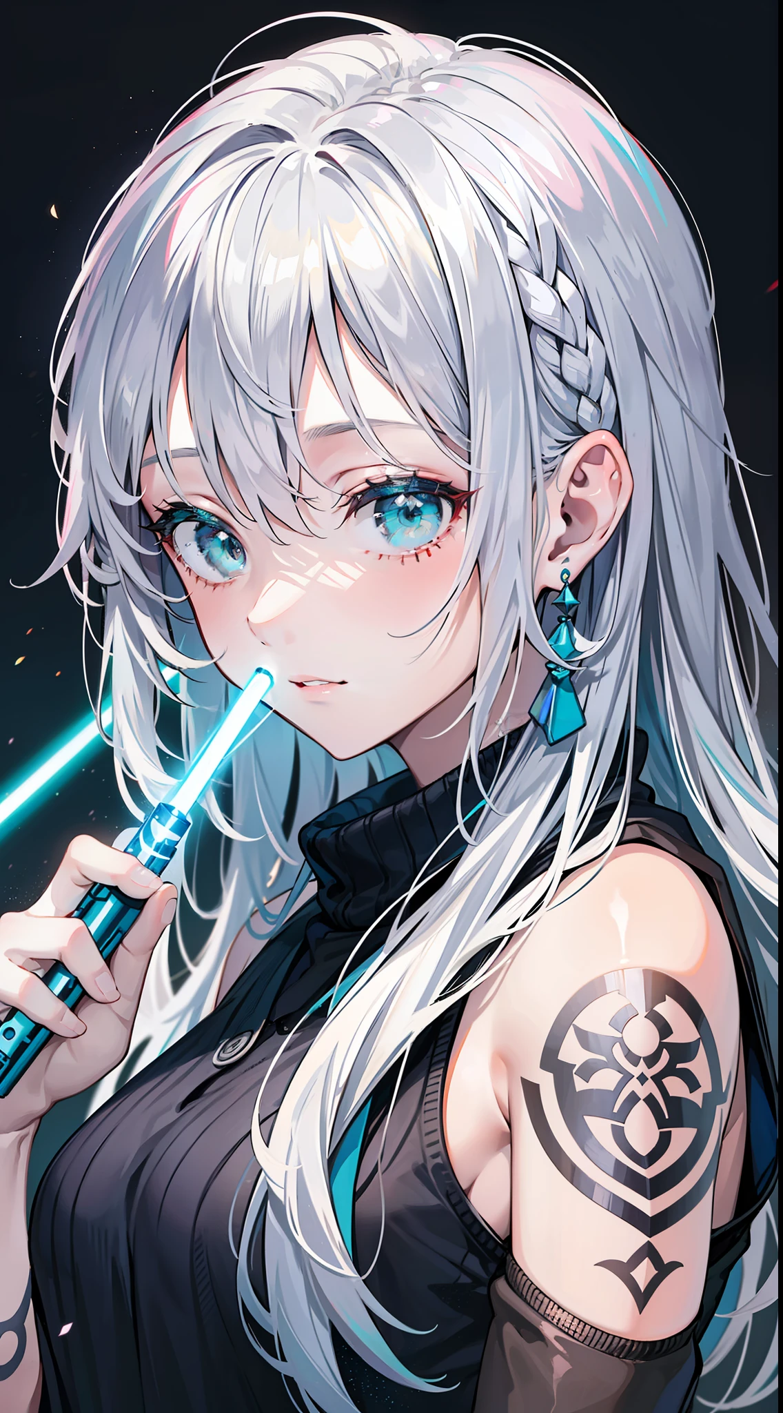 young girl, Long silver hair, turquoise eyes, white tattoos on the face, Rob Jedi, Lightsaber, Masterpiece, hig quality