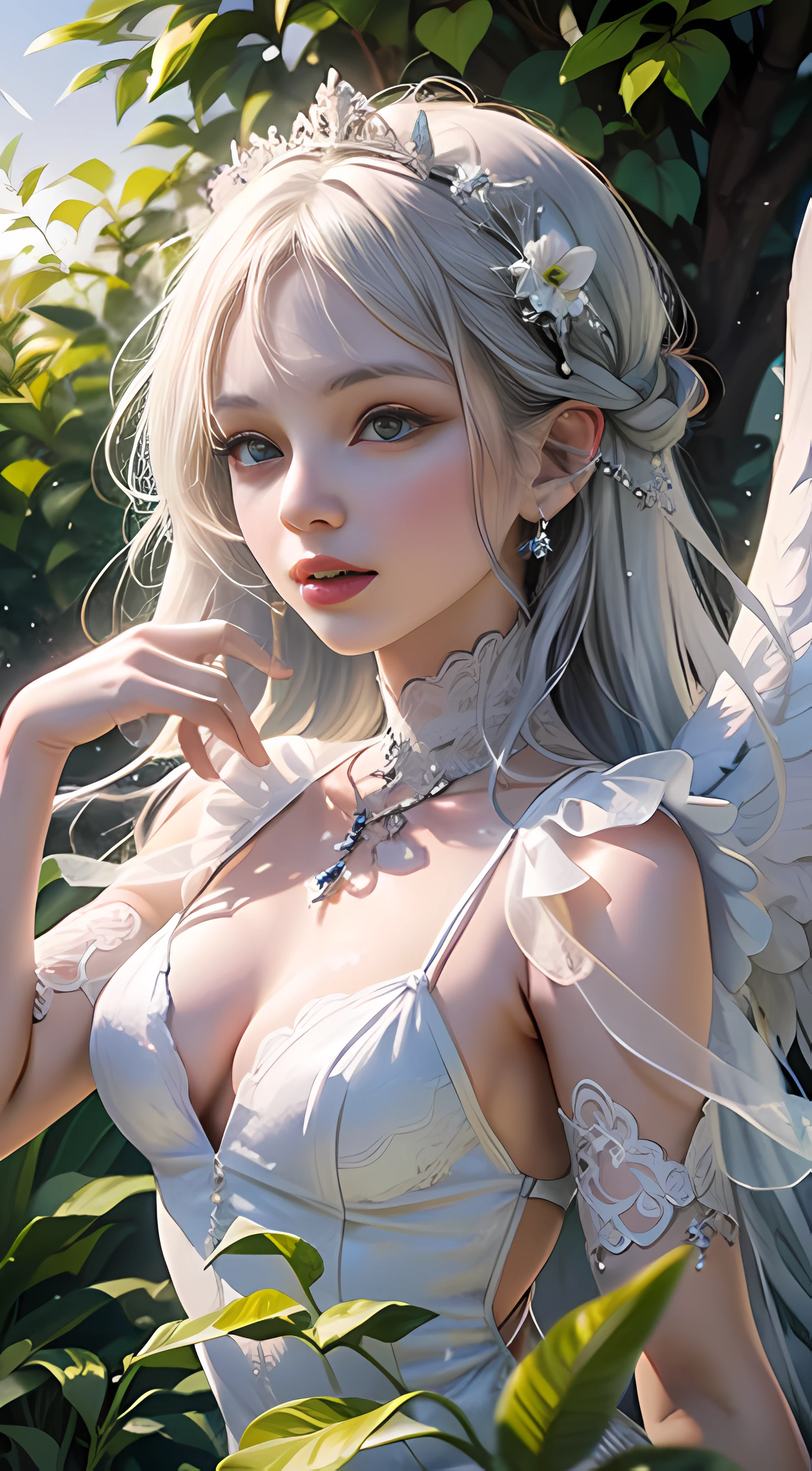 Ultra high quality,8K,1girls,An angel,White feathered wings,Silvery hair,Close-up of the head,White lace dress,sun is shining,sun is shining,with vibrant colors