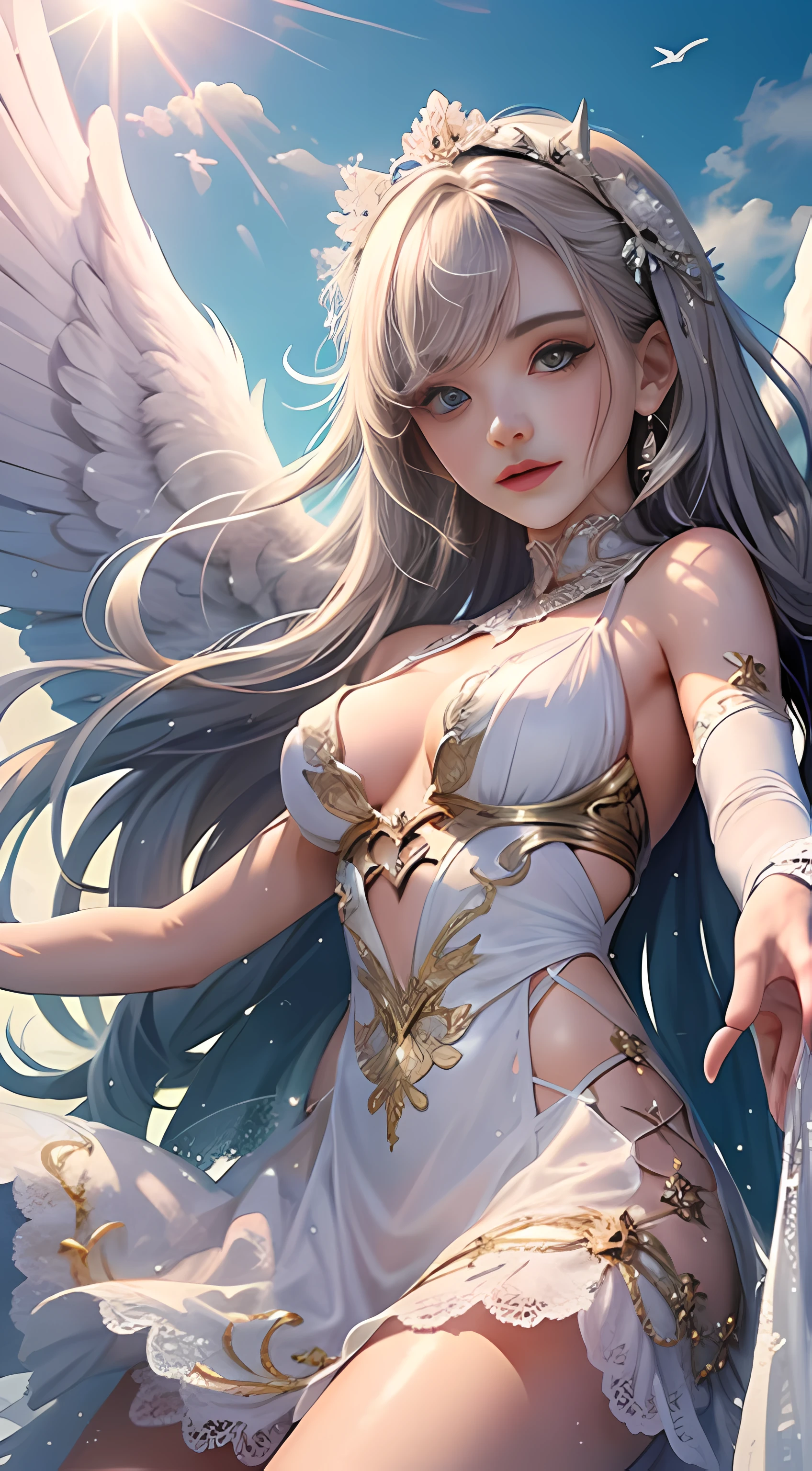 Ultra high quality，8K，1girls，An angel，White feathered wings，Silvery hair，Close-up of the head,White lace dress，sun is shining，sun is shining，with vibrant colors