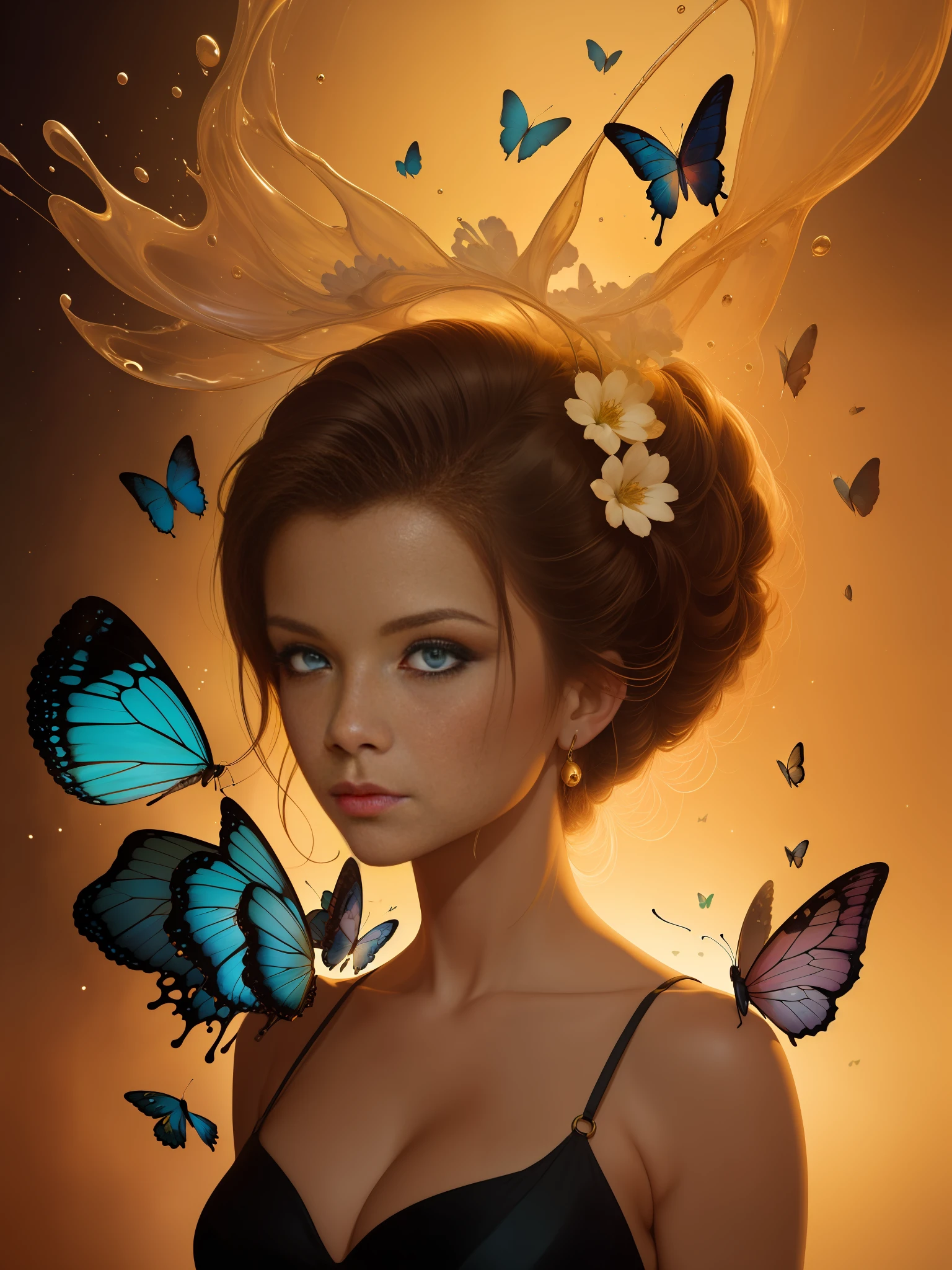 Alberto seveso art, dancing sillhouette, water ink, ink cloud, loose painting style, Lilith, smooth soft skin, symmetrical, soft lighting, detailed face, alien world, glowing butterflies, Enchanted alien paradise landscape. Strange flowers, glass formations, liquids, gasses, outer space, strange architecture. Rich vivid color scheme, golden hour. children’s book illustration, science fiction. Perfect composition. Jan Van Huysum, Thomas Gainsborough, Conrad Roset, Ed Emshwiller, Alberto Seveso, Jean-Baptiste Monge, Stephan Martiniere, Tim Burton, large breasts:1.2, fit girl:1.2