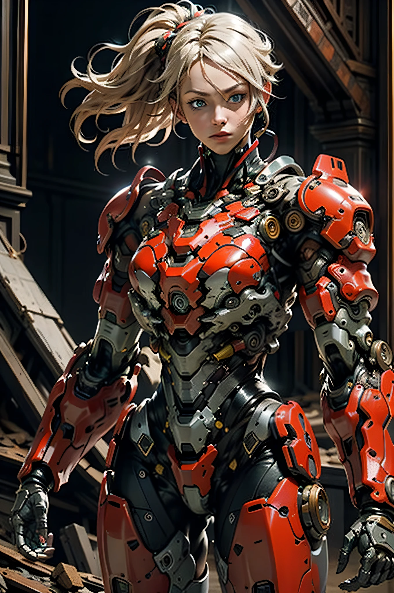 ((Masterpiece)), ((highest quality)), (Super detailed), ((High contrast)), (High Saturation), (Beautiful Detailed Eyes), (Very delicate and beautiful)), (Lovely hands, perfect hands), (Ruined towns, broken buildings, crumbling debris in the background), Mechanical walls. Wall piping, dirty broken cracked walls, rust rubble in ruins, large debris, 1girl, blonde hair, long hair, asymmetrical bangs, beautiful detailed glass hair, detailed beautiful face, blue eyes, expressionless, beautiful detailed eyes, medium_breasts, real skin texture, full armor, bodysuit, ((glossy body)), (very shiny body), clear parts, jewelryExtraneous, gorgeous, gorgeous, stunning, highly detailed CG Unity 8k wallpaper, very fine 8K CG wallpaper, high resolution, armor gauntlet, knee high socks