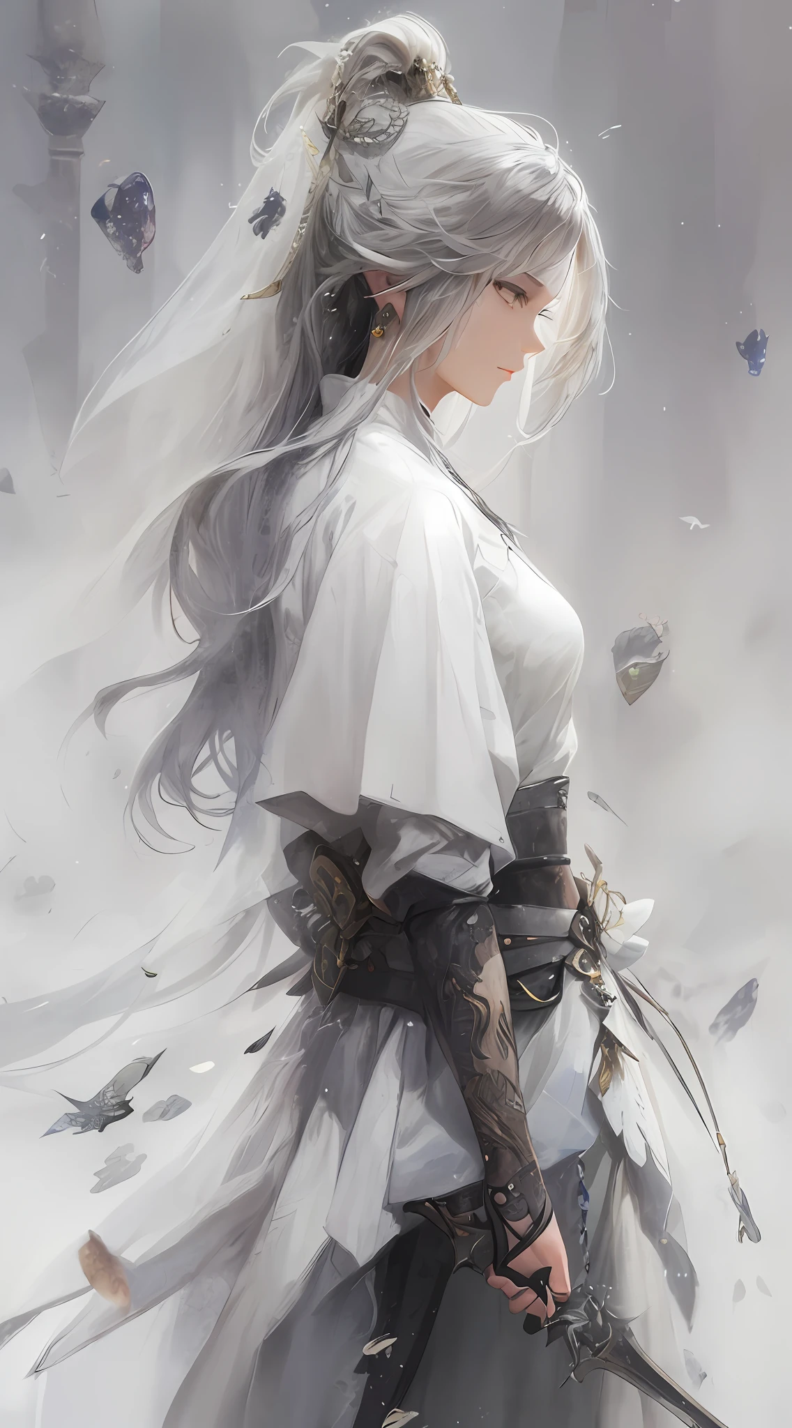 a close up of a woman with a sword in a white dress, a character portrait by Yang J, trending on cgsociety, fantasy art, beautiful character painting, artwork in the style of guweiz, guweiz, white hanfu, flowing white robes, full body wuxia, epic exquisite character art, stunning character art, beautiful female assassin