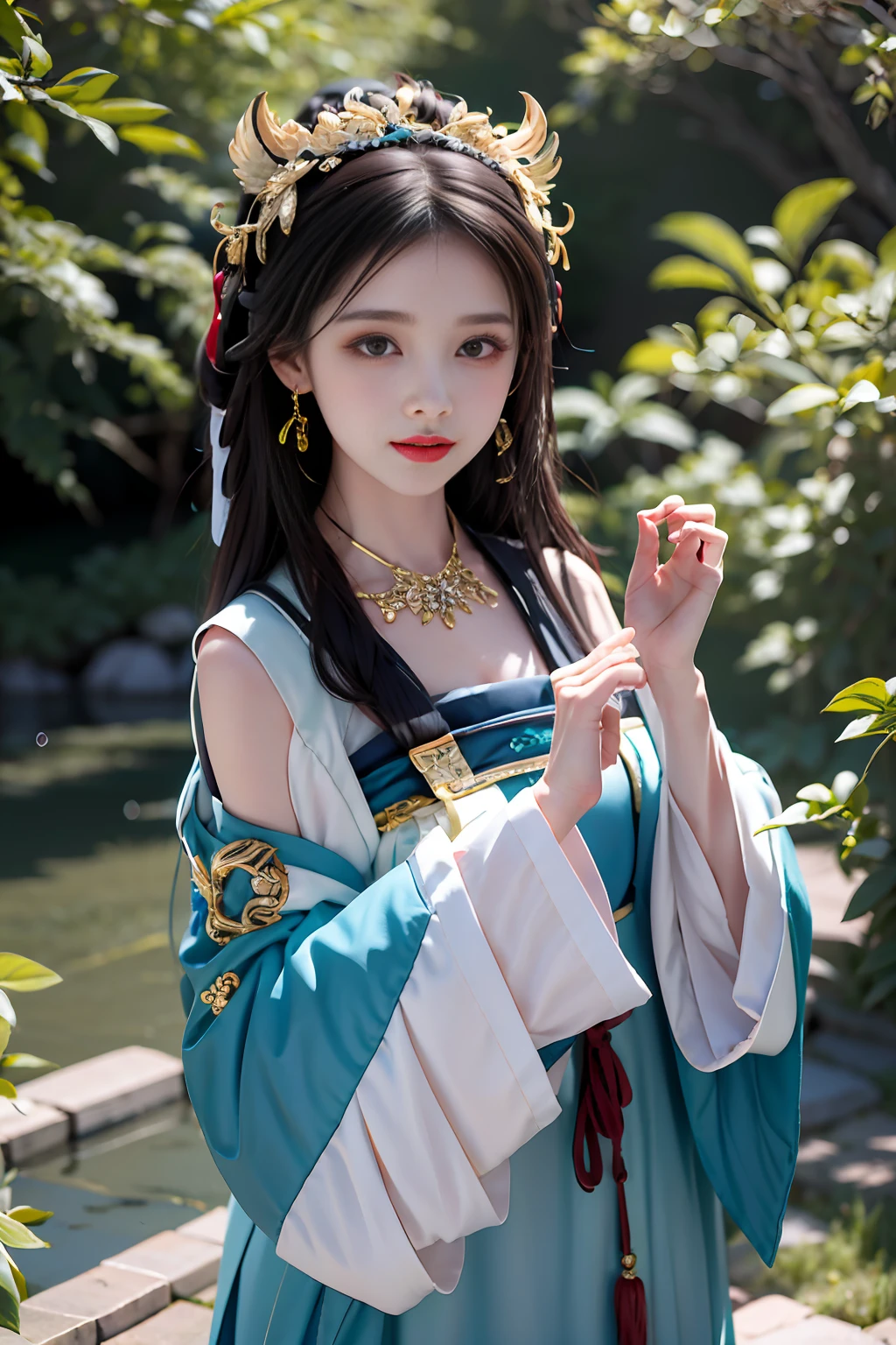 a whole body、Masterpiece, Superb Style, Hanfukozue, 1girls, (Gorgeous Headdress, Golden Sparkling Headdress) tiger, Brush, Long hair, Double, Bun, Brush, Brush, Hanfu, Bangs, Solo, Year of the Tiger, Black hair, White tiger, Jewelry, Long sleeves, Holding a Folding Fan, Bow, necklace, Hair Accessories, Wide sleeves, Red bow, Blunt bangs, Fur trim, Closed-Mouth, ribbons, Dress, shawl, tassels, Animal print, Red ribbon, Animal, extra long hair, Hands up, inking, a bow tie, haori, headband, zodiac, rolling, gaze at the audience, Hair Flower, side hair, earrings, Brown hair, flower, blush, cyan dress