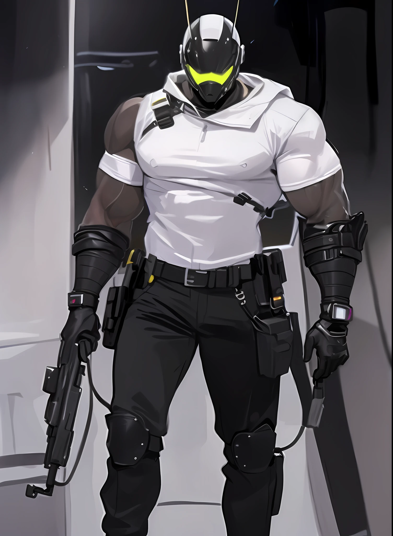 (high detail, 8K, full detail, perfect picture) male, muscular male, big muscular male, gray skin, biceps, muscule detail, masked, faceless, helmet covering all of face, futuristic mask, futuristic helmet, cyberpunk style helmet, security suit, black longpants, pantofel shoes, black gloves, crossing arms, bulging biceps, masculine pose