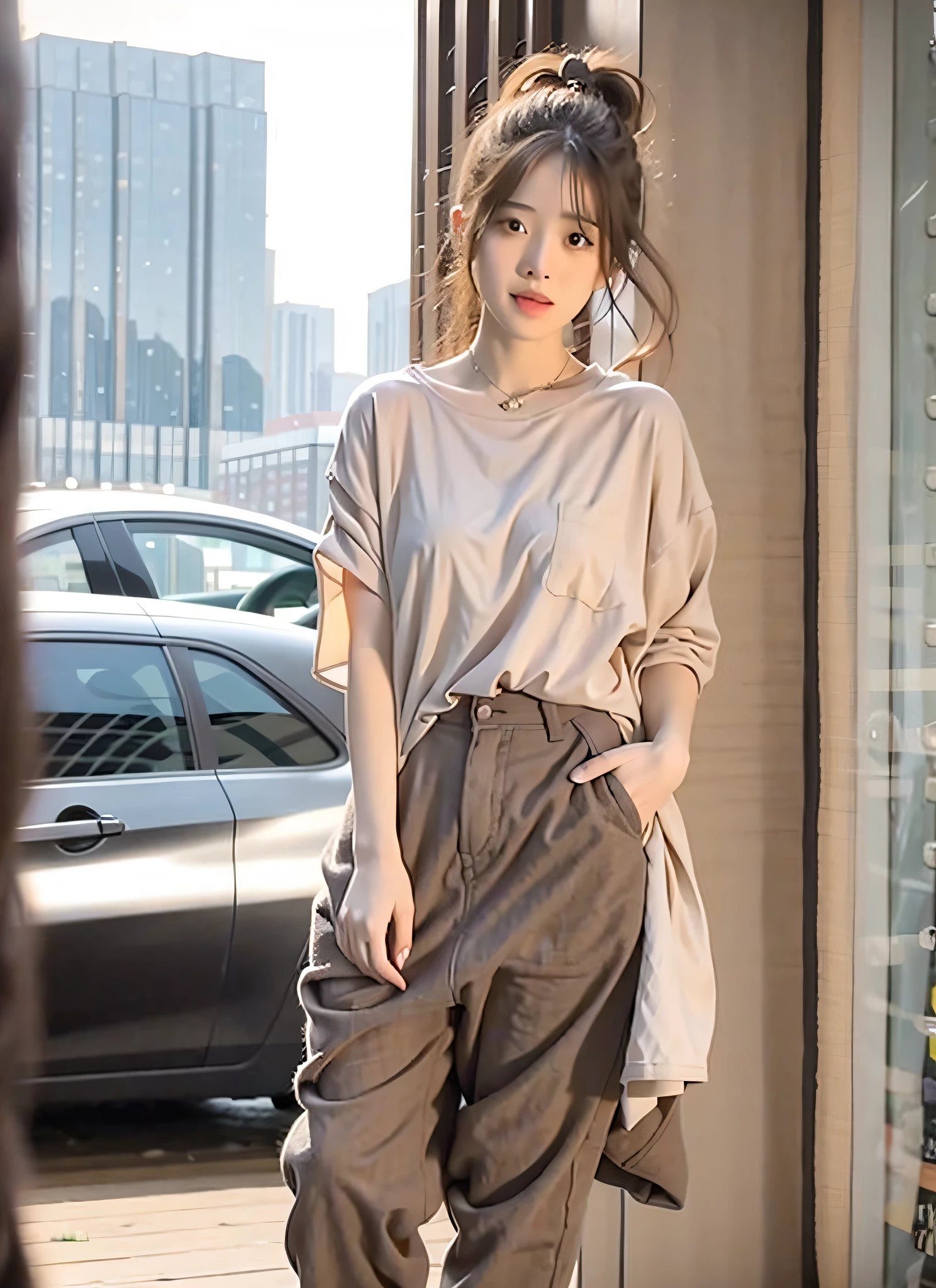 araffe woman standing in front of a window wearing a tan top and green pants, wearing wheat yellow gauze, choi, 155 cm tall, 165 cm tall, wearing tight simple clothes, gongbi, casual clothing style, jaeyeon nam, bae suzy, eora, straw, wearing a cute top, brown shirt, tan, t-top
