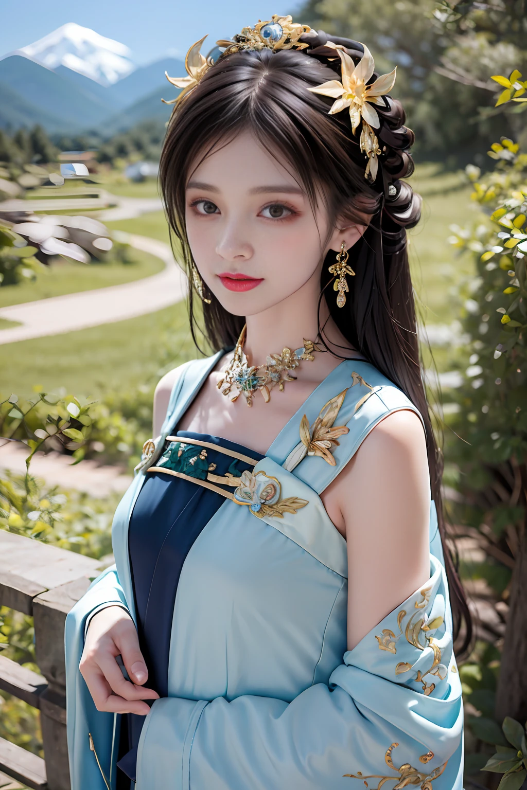 a whole body、Masterpiece, Superb Style, Hanfukozue, 1girls, (Gorgeous Headdress, Golden Sparkling Headdress) tiger, Brush, Long hair, Double, Bun, Brush, Brush, Hanfu, Bangs, Solo, Year of the Tiger, Black hair, White tiger, Jewelry, Long sleeves, Holding a Folding Fan, Bow, necklace, Hair Accessories, Wide sleeves, Red bow, Blunt bangs, Fur trim, Closed-Mouth, ribbons, Dress, shawl, tassels, Animal print, Red ribbon, Animal, extra long hair, Hands up, inking, a bow tie, haori, headband, zodiac, rolling, gaze at the audience, Hair Flower, side hair, earrings, Brown hair, flower, blush, cyan dress