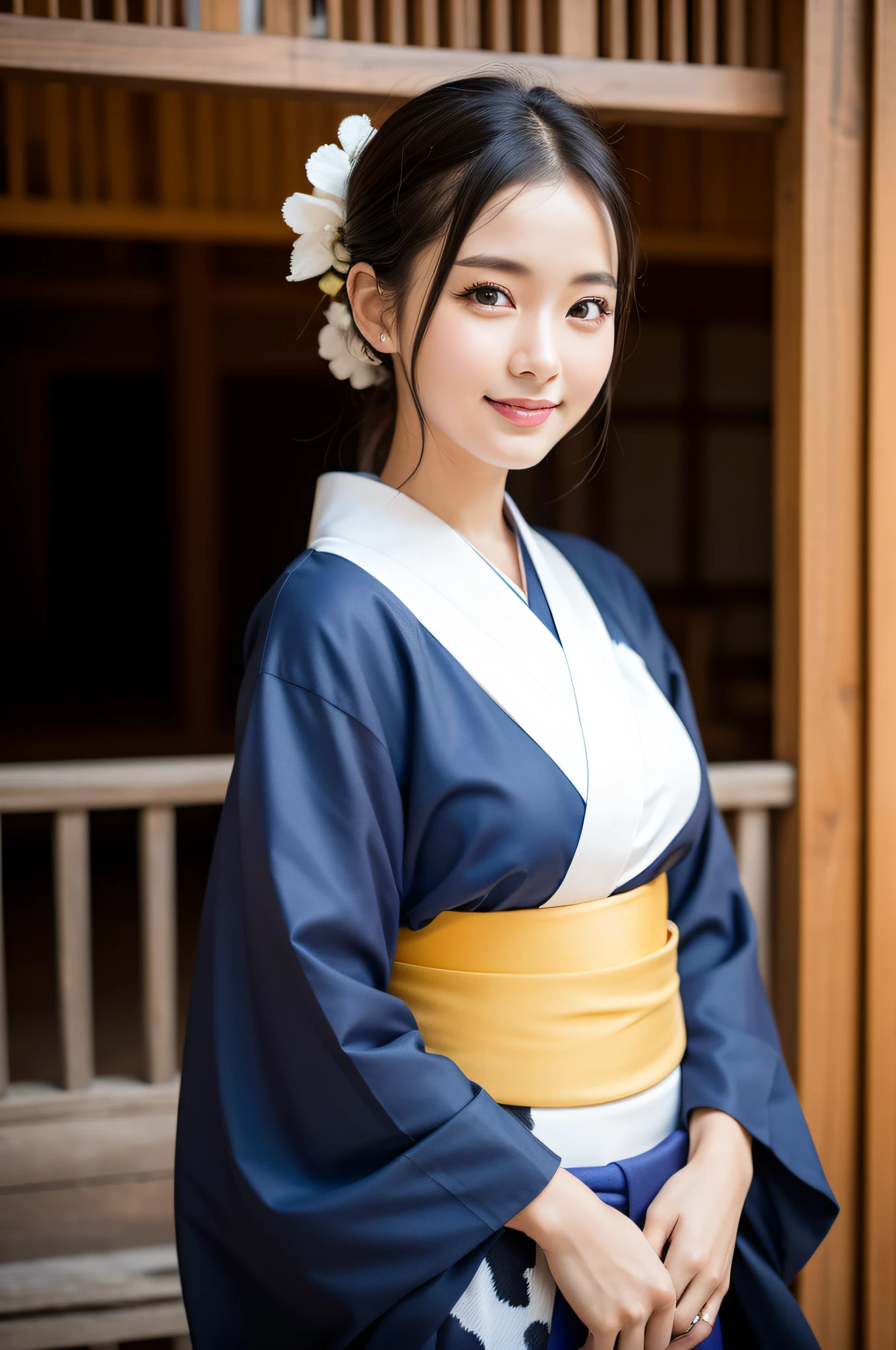 ((beste Quality、8K、masterspiece:1.3))、sharp-focus:1.2、(ultra beautiful face:1.0)、(Slender Abs Beauty:1.0)、(shinny skin:1.0)、photo realstic、black haired、Realistic pupils、Video Lighting、High-definition eyes and face、Video Lighting、(cow-boy shot:1.3)、(Kimono、Hakama、obi:1.4)、(Korean Cute Actress)、Traditional kimono、from front view、huge boobs、A slight smile