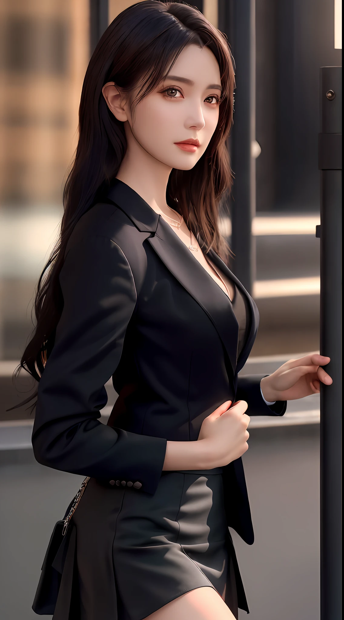 A woman in a black suit and skirt posing for a picture - SeaArt AI