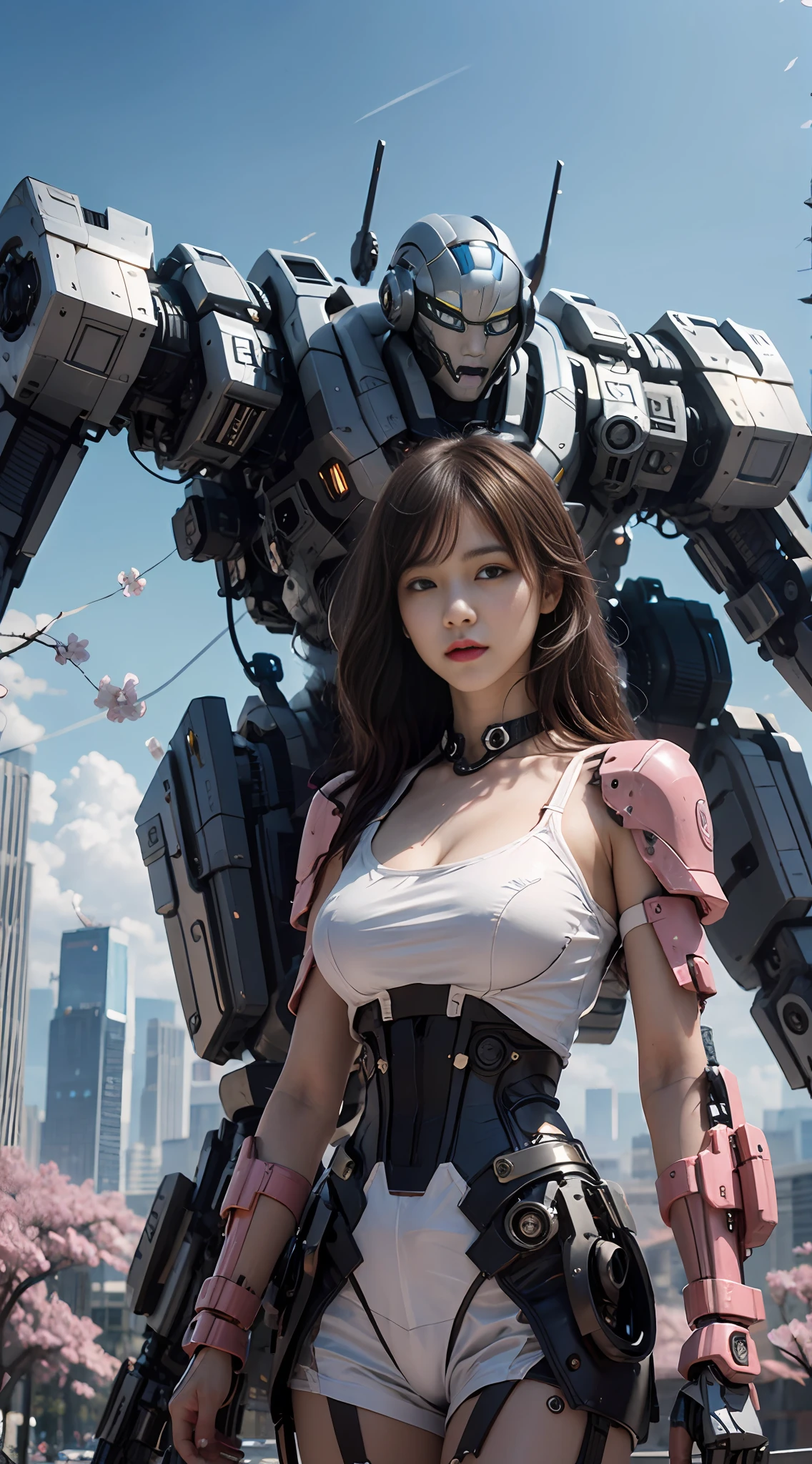 Complex 3d rendering very detailed beautiful ceramic silhouette female robot face, behind stands a huge cherry blossom pink mech warrior, robot parts, 150mm, futuristic battlefield, edge light, vibrant details, luxurious cyberpunk, lace, surrealism, ,  muscles, cable wires, microchips, elegant, beautiful background, octane rendering, HR Giger style, 8k, best quality, masterpiece, illustration, very refined and beautiful, very detailed, CG, unified, wallpaper, (realism, fidelity: 1.37), amazing, fine details, masterpiece, best quality, official art, very detailed CG unified 8k wallpaper, robot, full body, the overall painting style is very domineering,