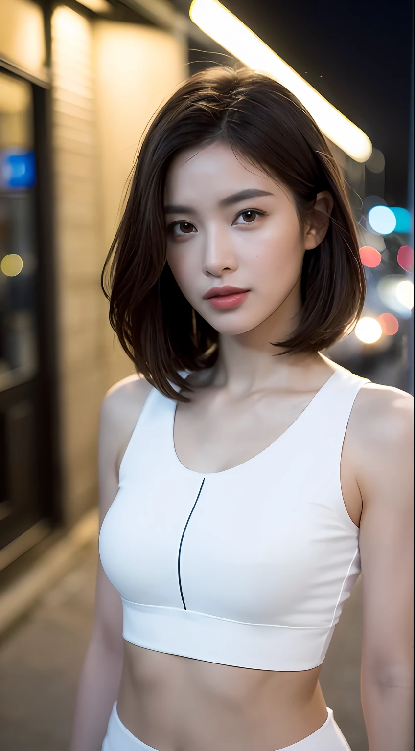 ((Realistic lighting, Best quality, 8K, Masterpiece: 1.3)), Clear focus: 1.2, 1girl, Perfect Figure: 1.4, Slim Abs: 1.1, ((Dark brown hair)), (White crop top: 1.4), (Outdoor, Night: 1.1), City streets, Super fine face, Fine eyes, Double eyelids,