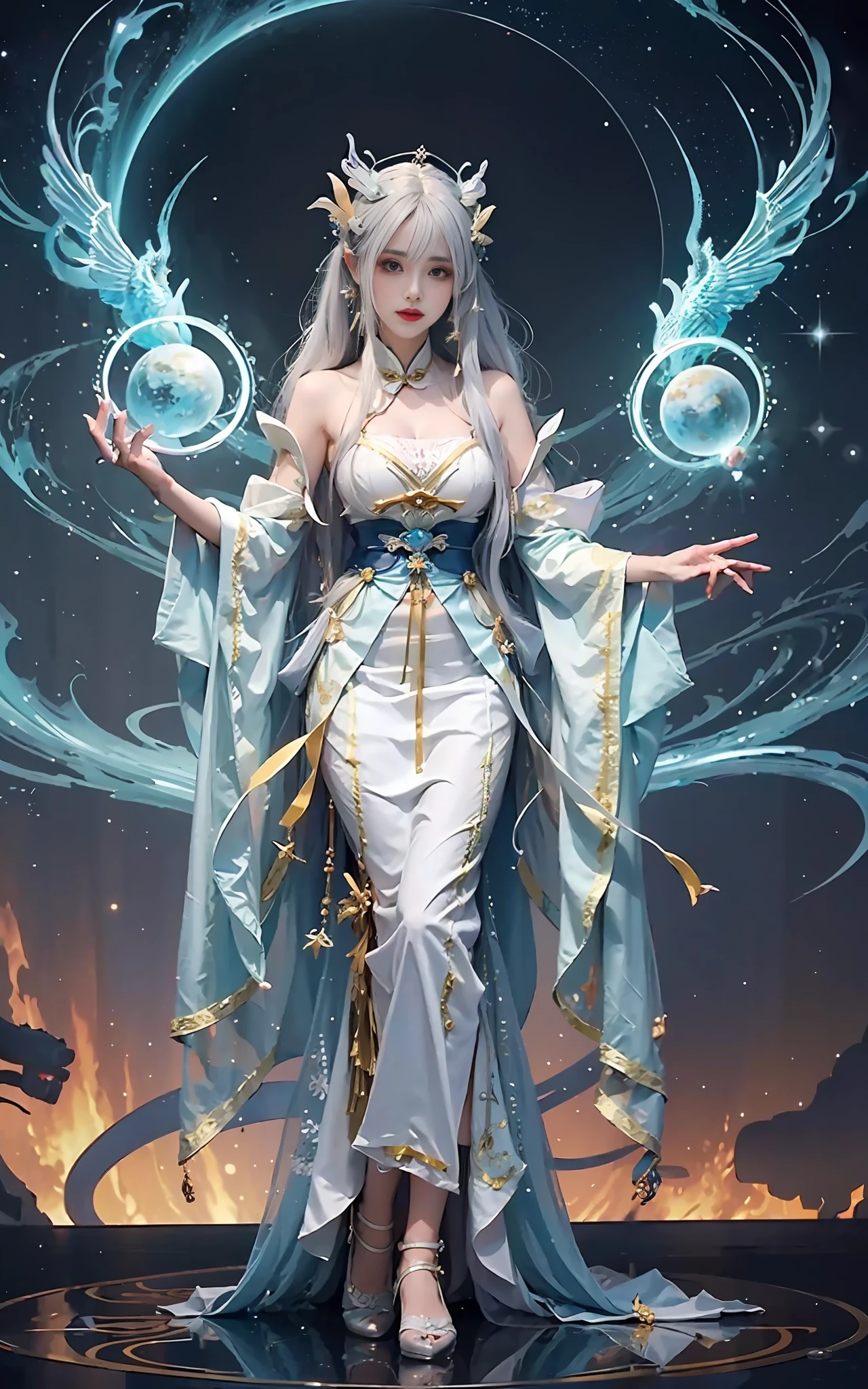 a close up of a woman in a costume on a stage, full body xianxia, beautiful celestial mage, a stunning young ethereal figure, a beautiful fantasy empress, astral witch clothes, sha xi, flowing magical robe, white hanfu, xianxia fantasy, belle delphine, ethereal fantasy, elegant glamourous cosplay, heise jinyao