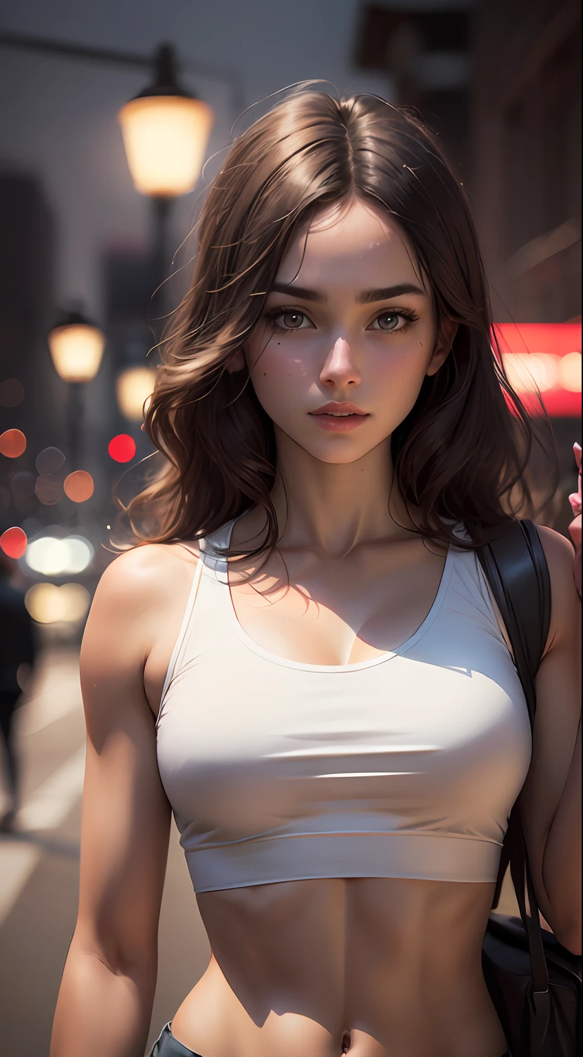 ((Realistic lighting, Best quality, 8K, Masterpiece: 1.3)), Clear focus: 1.2, 1girl, Perfect Figure: 1.4, Slim Abs: 1.1, ((Dark brown hair)), (White crop top: 1.4), (Outdoor, Night: 1.1), City streets, Super fine face, Fine eyes, Double eyelids,