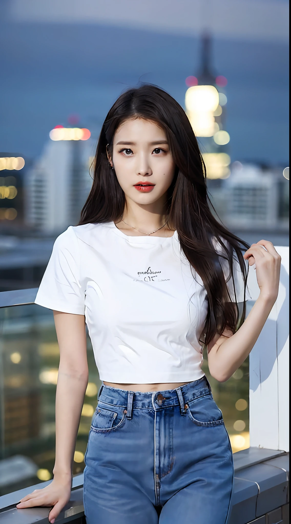 ((Midnight, Best quality, 8k, Masterpiece :1.3)), Whole body, Long legs, Sharp focus :1.2, A pretty woman with perfect figure :1.4, Slender abs :1.1, ((Dark brown hair, Big breasts :1.2)), (White tight tshirt, Jean bib, Standing:1.2), ((Night city view, Rooftop:1.3)), Highly detailed face and skin texture, Detailed eyes, Double eyelid