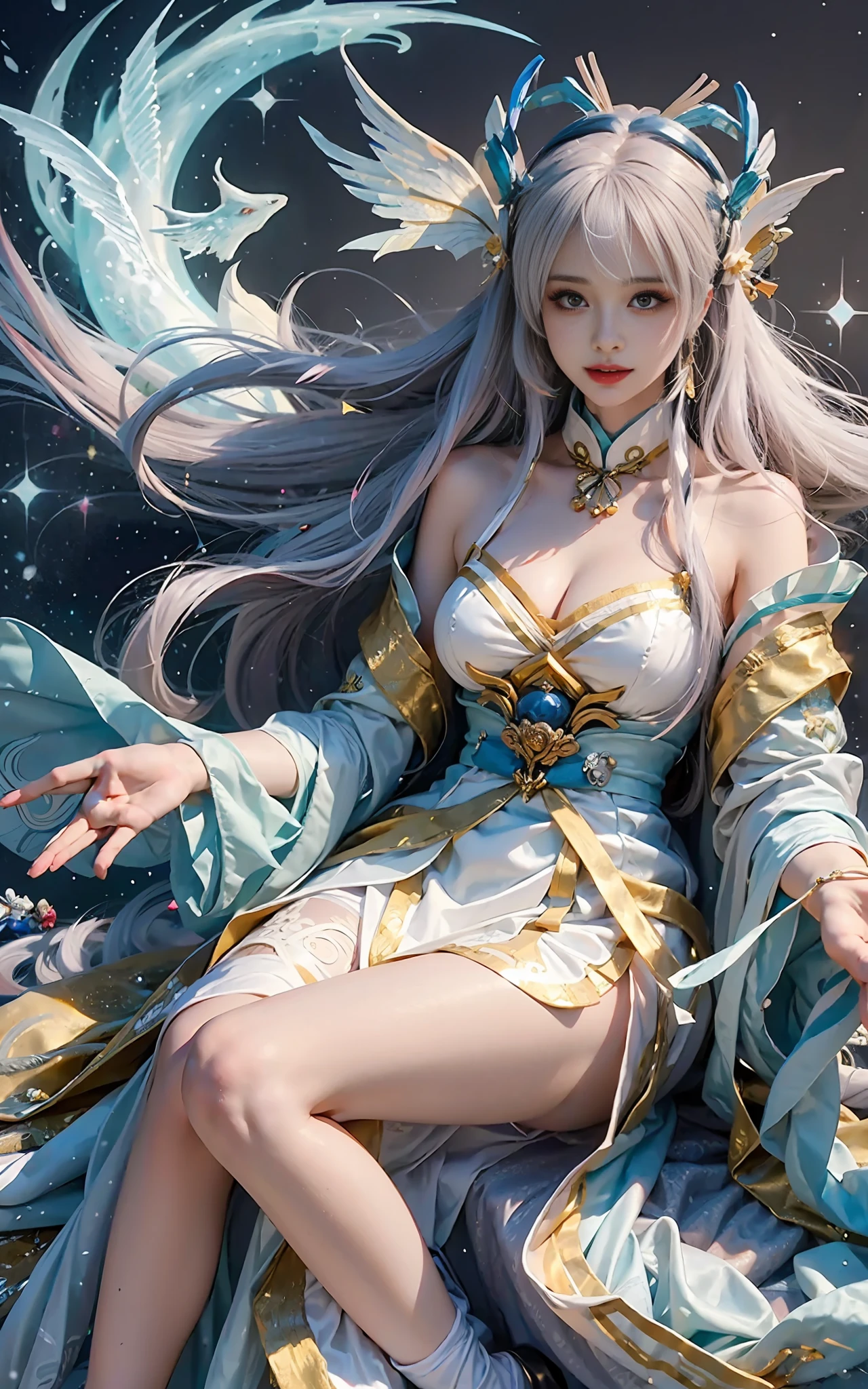 a close up of a woman in a costume on a stage, full body xianxia, beautiful celestial mage, a stunning young ethereal figure, a beautiful fantasy empress, astral witch clothes, sha xi, flowing magical robe, white hanfu, xianxia fantasy, belle delphine, ethereal fantasy, elegant glamourous cosplay, heise jinyao
