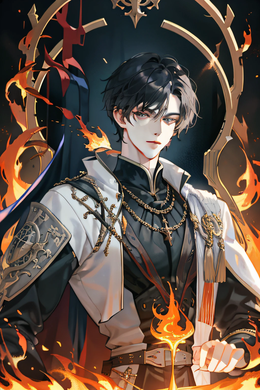 masterpiece, best quality, 1 male, adult, handsome, tall muscular guy, broad shoulders, finely detailed eyes and detailed face, extremely detailed CG unity 8k wallpaper, intricate details, short hair, fantasy, magnificent background, throne, magic effect, flame, depth of field