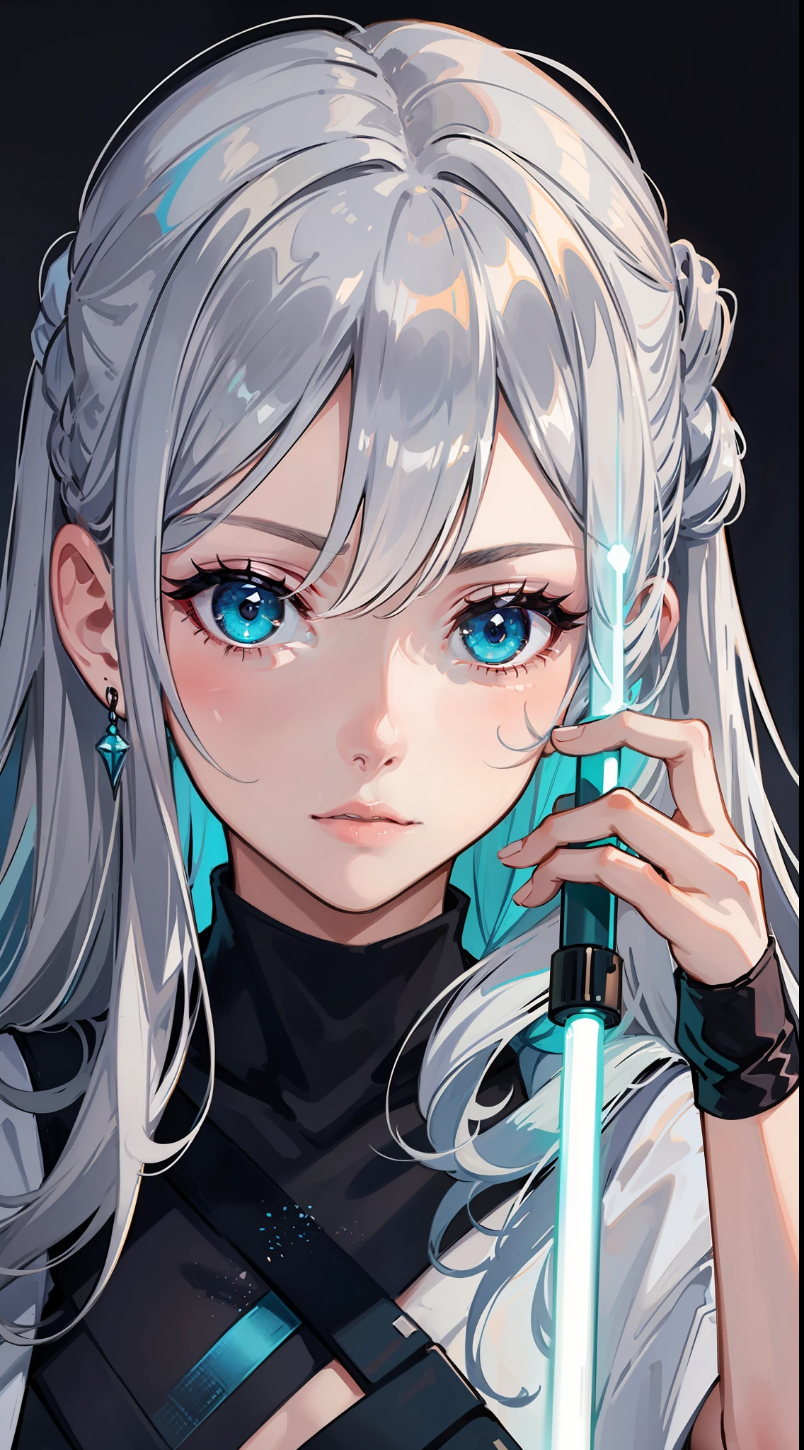 young girl, Long silver hair, turquoise eyes, white tattoos on the face, Rob Jedi, Lightsaber, Masterpiece, hig quality
