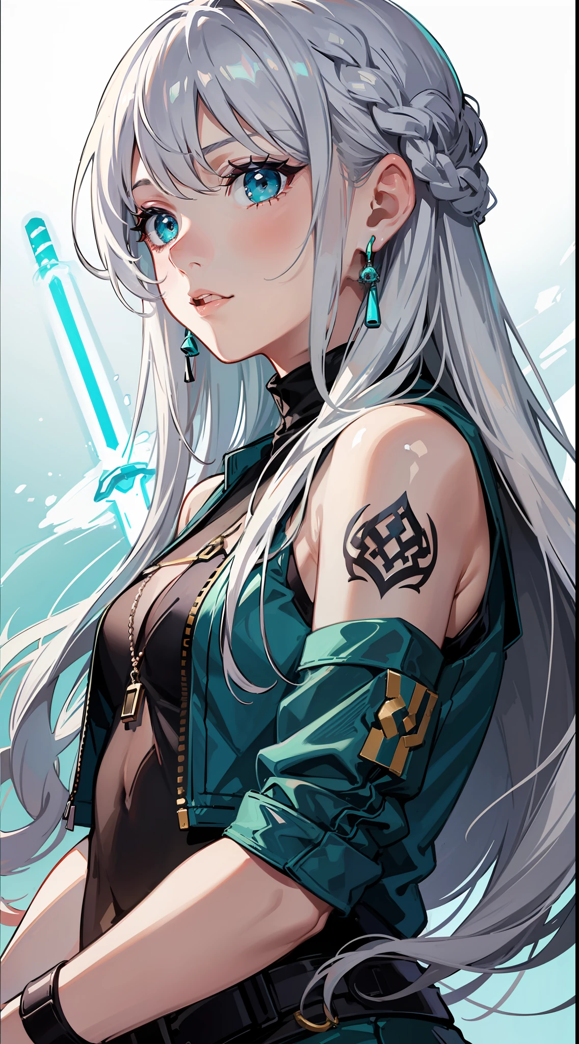 young girl, Long silver hair, turquoise eyes, white tattoos on the face, Rob Jedi, Lightsaber, Masterpiece, hig quality