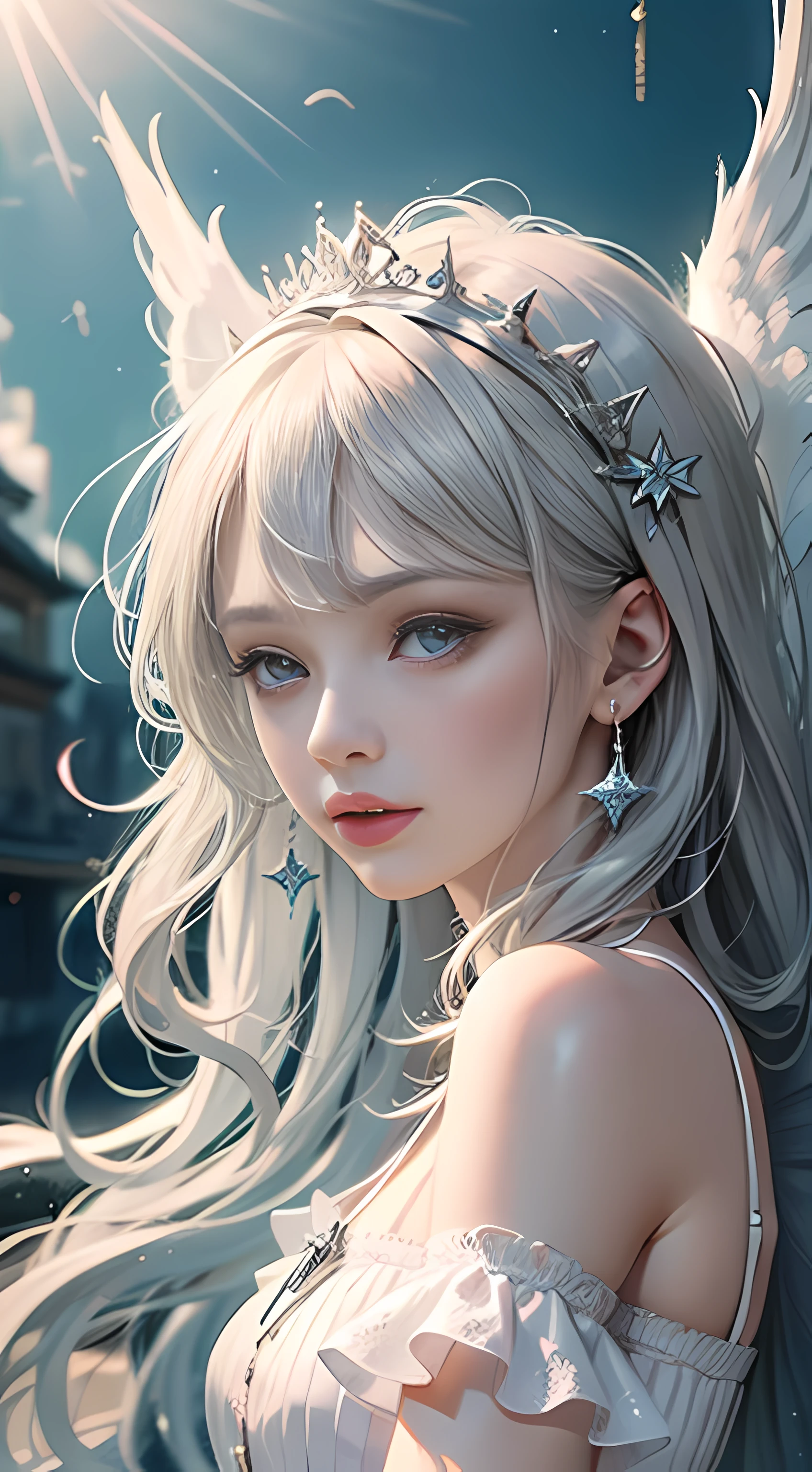 Ultra high quality,8K,1girls,An angel,White feathered wings,Silvery hair,Close-up of the head,White lace dress,sun is shining,sun is shining,a brightly coloured