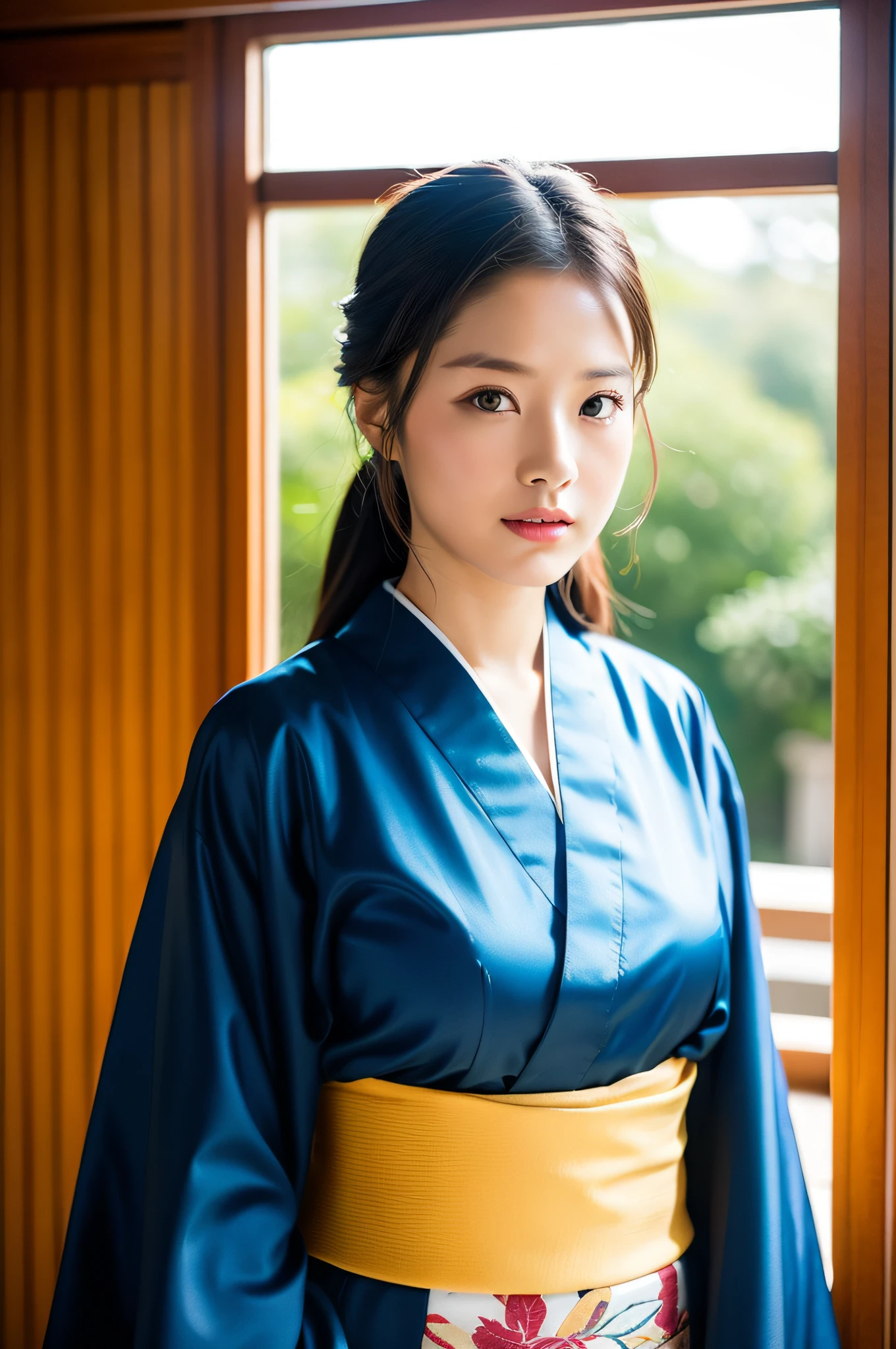((Best Quality, 8K, Masterpiece: 1.3)), Sharp Focus: 1.2, (Super Beautiful Face: 1.0), (Slender Abs Beauty: 1.0), (Shiny Skin: 1.0), Realistic Photography, Black Hair, Realistic Pupils, Video Lighting, High Definition Eyes and Face, Video Lighting, (Cowboy Shot: 1.3), (Kimono, Hakama, Obi: 1.4), (Korean Cute Actress), Traditional Kimono, Front Off, Big