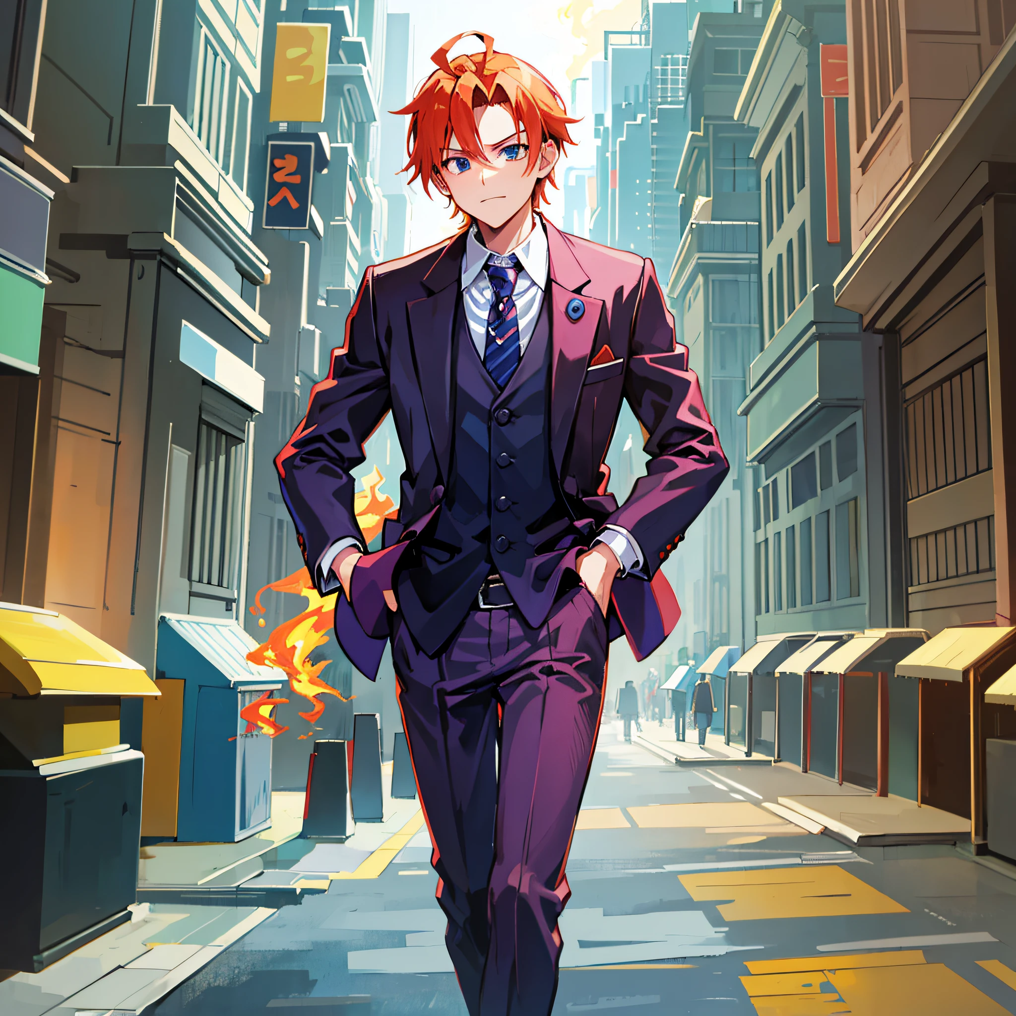 kannonzaka doppo\(hypnosis mic\), 1boy, solo, looking at viewer, male focus, short hair, blue eyes, orange hair, multicolored hair, hair between eyes, blue hair, streaked hair, jacket, white shirt, necktie, collared shirt, belt, pants, black jacket, black pants, formal, suit, id card, lanyard, jacket, red hair, sweat, green necktie, shaded face, lanyard
