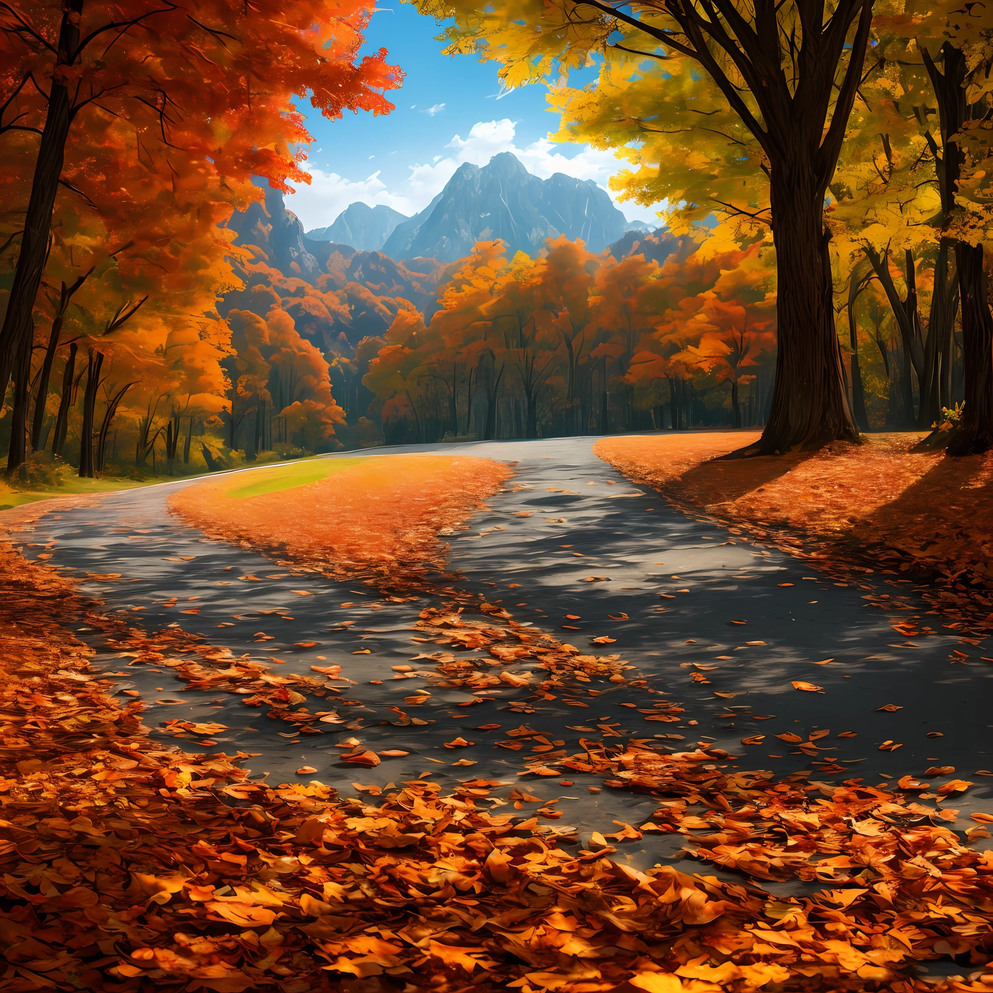 Masterpiece, best quality, high quality, highly detailed CG unity 8k wallpaper, textured landscape, lots of leaves and fall colors on the ground, award winning photography, bokeh, depth of field, HDR, bloom, chromatic aberration, photorealistic, highly detailed, trending on artstation, trending on CGsociety, intricate, high detail, dramatic, midjourney art --auto