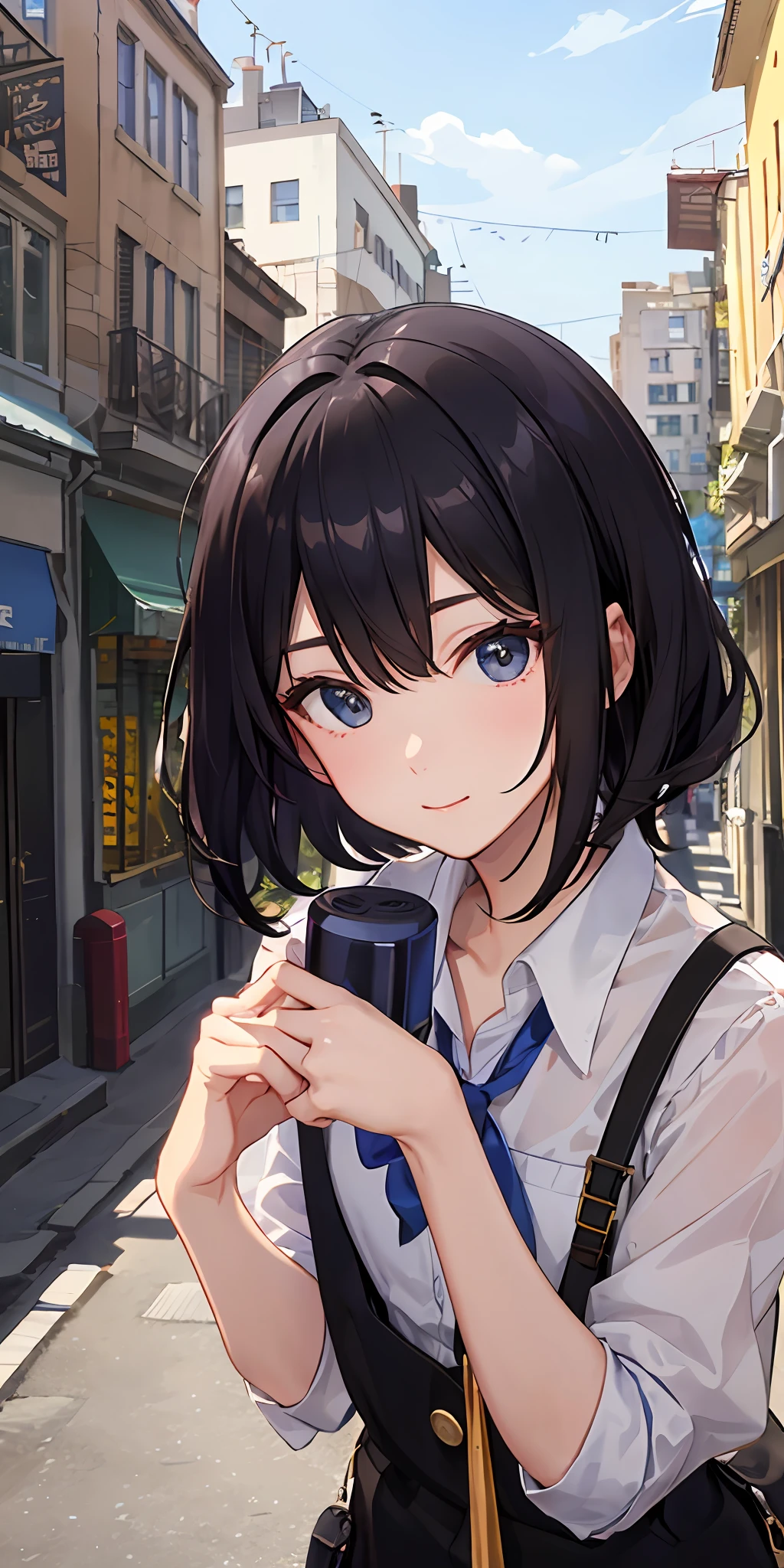 ultradetail、solo person、male pubic hair、cap、black color hair、Gentle expression、detailedeyes、sun is shining、A slightly tilted head、The background is the city、street scenes