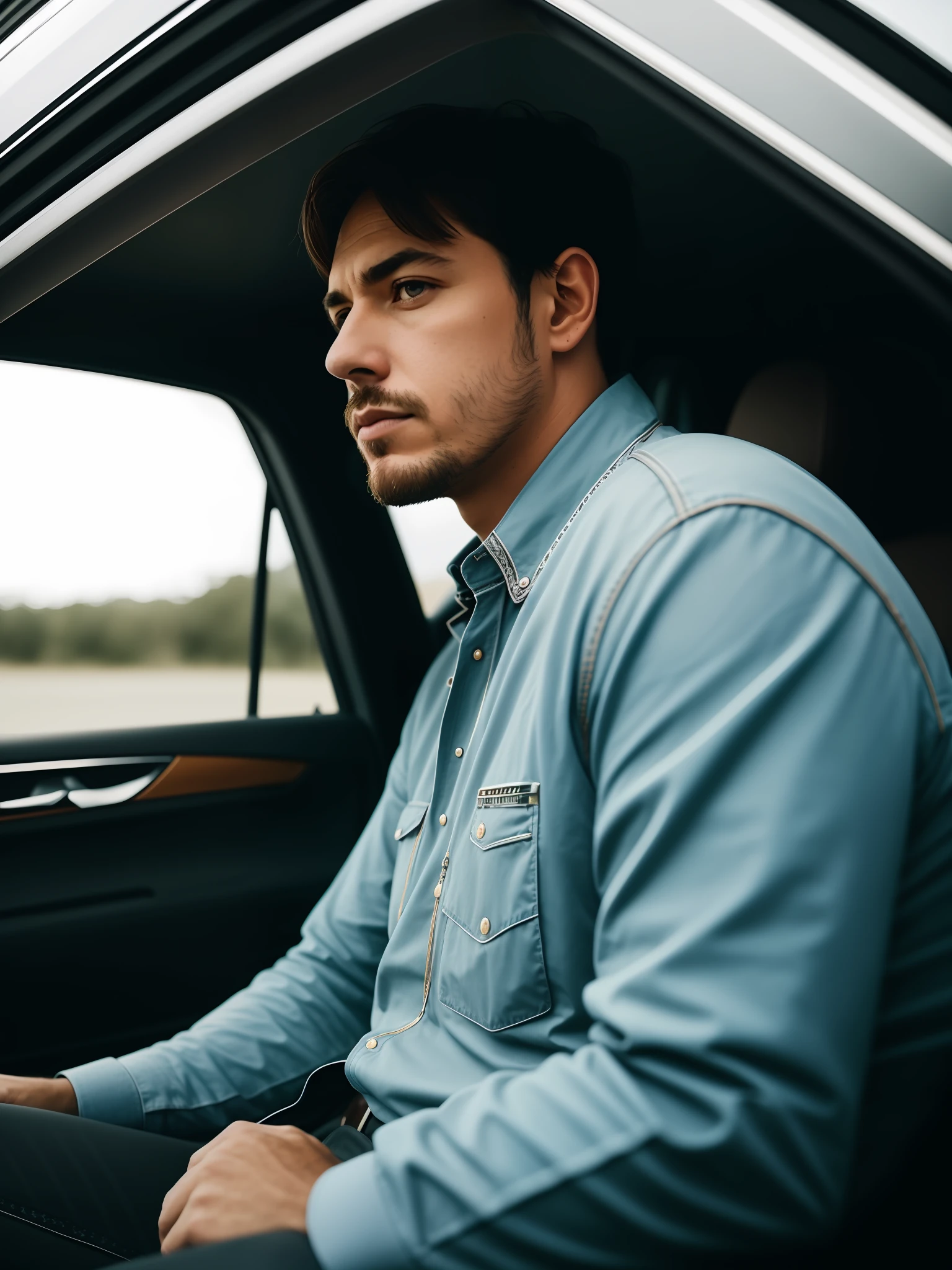 A man sitting inside car, sad face (intricate details) (intricate details, hyperdetailed:1.2), cinematic shot, centered