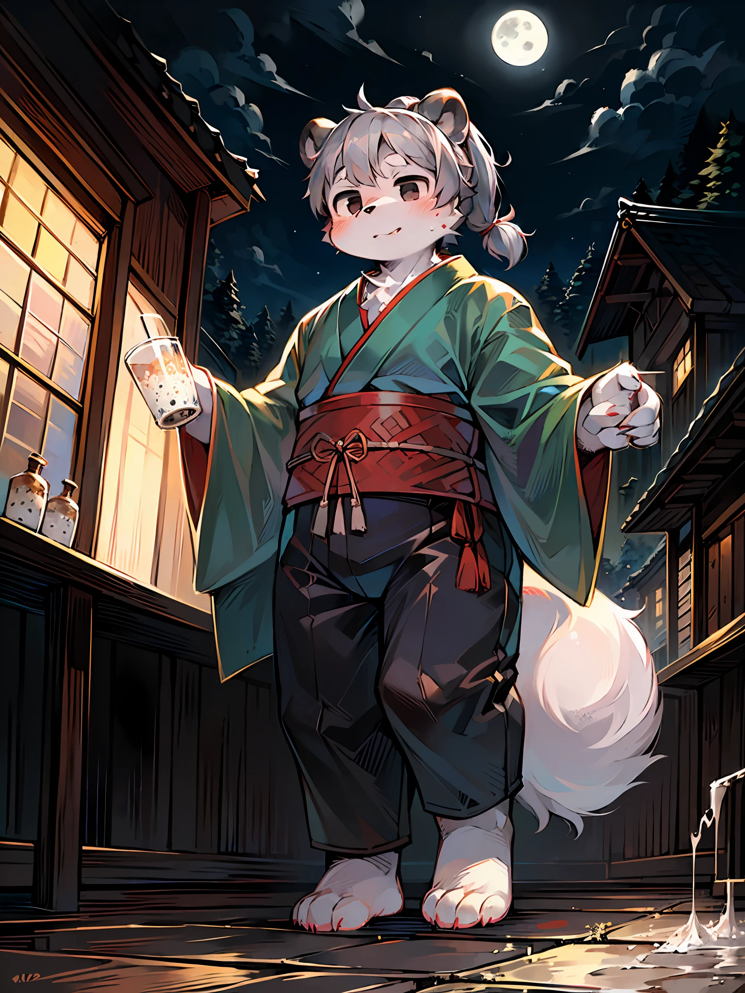 巨作,High quality,abstract res,Digital painting\(artworks\), by Dagasi, Yupa,Kiyosan,(anthro,Fluffy fur,Character focus:1.1),anthro male panda,Short hair,Portrait ,Night,Bright moon,nevando, Panoramic view, Japanese courtyard,Pool side,Outside,Character focus, Solo, shaggy, Hairy male, Panda,Obesity,Male focus,Anthropologist,(Full body fur, Fluffy tail, Short tail,White fur, Black eyes, Gray hair，Single ponytail), (Carnivorous bears、Samurai）,White kimono,to stand,milk tea