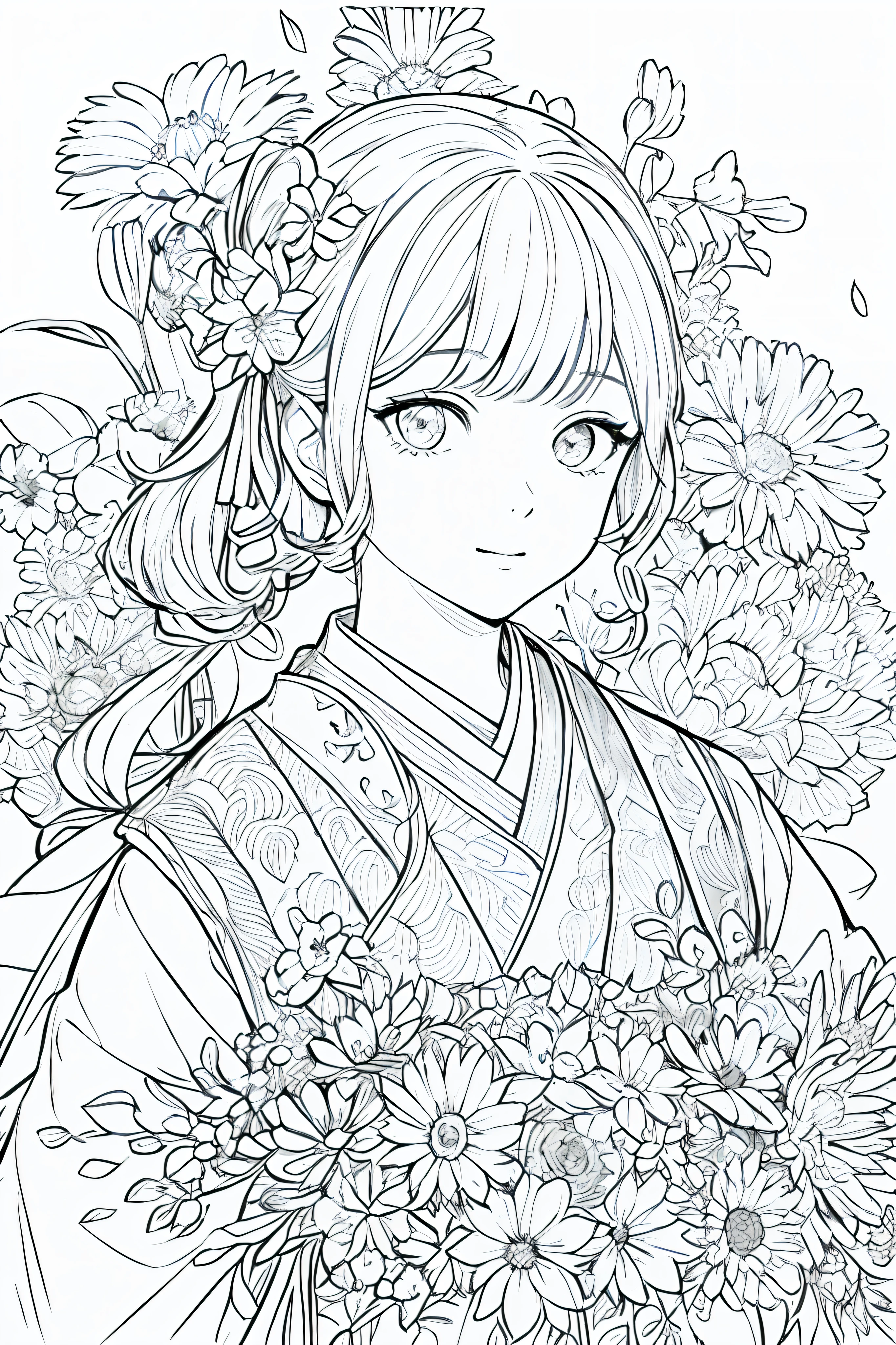 obra maestra, acura, 1girl, solo, hanfu, pelo corto, primer plano, flower line drawing background, fondo blanco, monocromo, line drawing