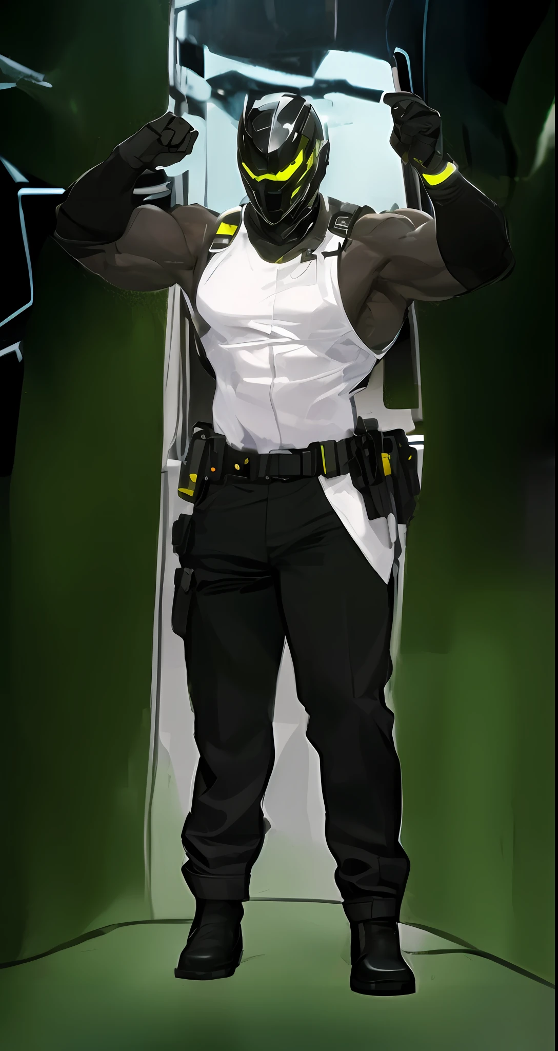 (high detail, 8K, full detail, perfect picture) male, muscular male, big muscular male, gray skin, biceps, muscule detail, masked, faceless, helmet covering all of face, futuristic mask, futuristic helmet, cyberpunk style helmet, white security suit, black longpants, pantofel shoes, black gloves, crossing arms, bulging biceps, masculine pose