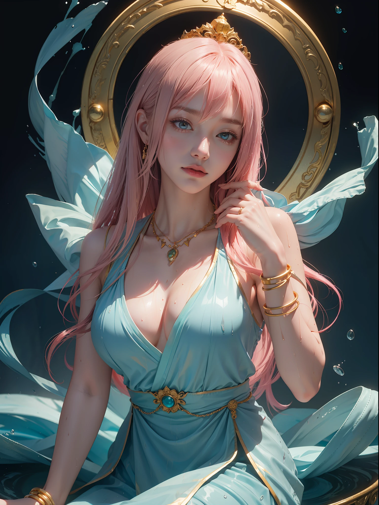 A Buddhist Bodhisattva Girl, (Masterpiece, Top Quality, Best Quality, Official Art), (KPOP idol), (Super Long Hair, Messy Long Flowing Hair, Light Pink Long Hair), Delicate Jewelry, Delicate Bracelet, Delicate Hair Ornament, High Feeling, Aperture on the Back, Fairy Fluttering, Looking Up View, Barefoot, Golden Bracelet on Ankle, Ancient Chinese Clothing, (Conservative Clothes), Gorgeous Silk, Flowing Tulle, Dazzling Background, Golden Aperture on the Back, Gold Falun in the back, best light, best shadow, movie lighting, mystery, background pure black with ring aperture, ultra high definition, 8k, fair skin, Wolp_style, duhuang_style, upper body close-up, detailed face, (sideways: 1.5), 28 years old, 1girl, well-dressed, super long clothes, black hole background, in a temple in Thailand, one leg on the ground, left hand as Buddha hand on chest, the other raised above the head to do Buddha hand, surreal, photo, realistic, {(Surfacing from a clear pool, splashing a lot, splashing, water ripples), (wet clothes: 1.5) (wet: 3.0), (wet hair: 1.5)}, medium chest, 48KG weight, smooth skin, light blue pupils, detailed eye painting, (super white skin, supple skin), (face focus, bending over to look at the camera, snapping)