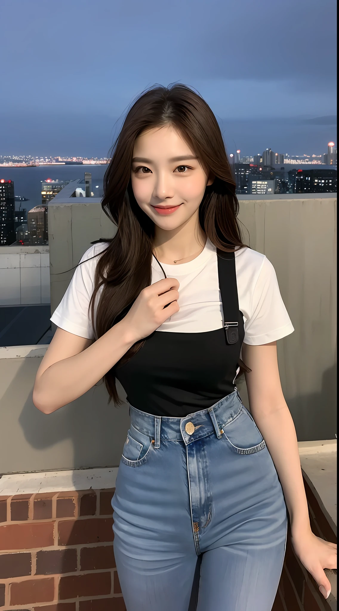 ((Midnight, Best quality, 8k, Masterpiece :1.3)), Whole body, Long legs, Sharp focus :1.2, A pretty woman with perfect figure :1.4, Slender abs :1.1, ((Dark brown hair, Big breasts :1.2)), (gray tight tshirt, Jean bib, Standing:1.2), ((Night city view, Rooftop:1.3)), Highly detailed face and skin texture, Detailed eyes, Double eyelid, slightly smile