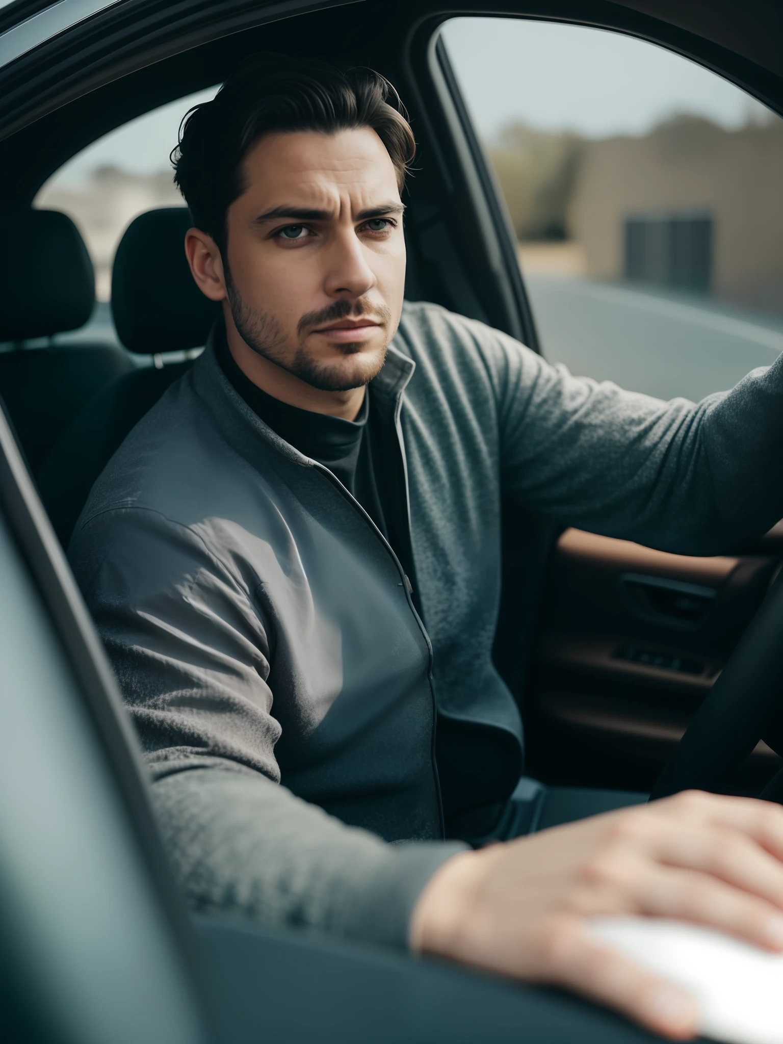 A man sitting inside car, sad face (intricate details) (intricate details, hyperdetailed:1.2), cinematic shot, centered