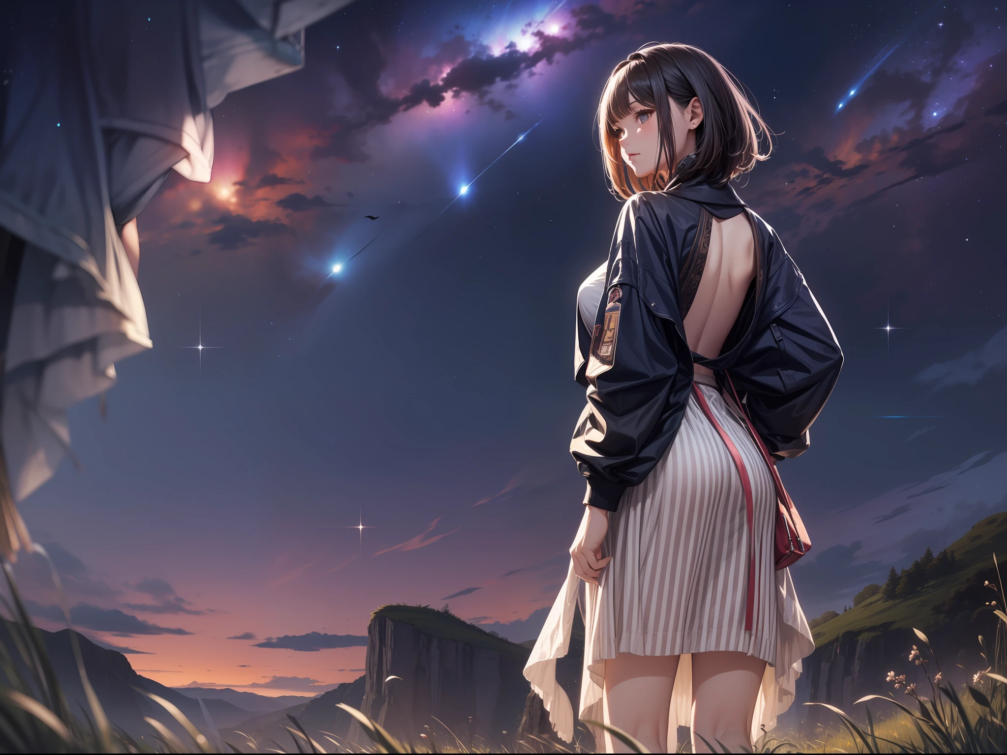 (巨作)、detailded、8K、((Full body back photo visible from head to toe))、Girl in random casual clothes with color and design、short dark hair、Colorful inner hair、Realistic and sharp details、with intricate details、Standing in the back of a meadow on a cliff near the sea, looking up at the ultra-beautiful and full view of multiple starry skies and galaxies.