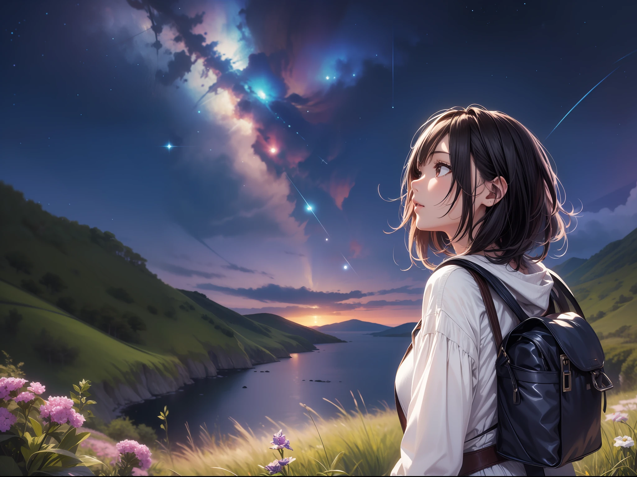 (巨作)、detailded、8K、((Full body back photo visible from head to toe))、Girl in random casual clothes with color and design、short dark hair、Colorful inner hair、Realistic and sharp details、with intricate details、Standing in the back of a meadow on a cliff near the sea, looking up at the ultra-beautiful and full view of multiple starry skies and galaxies.