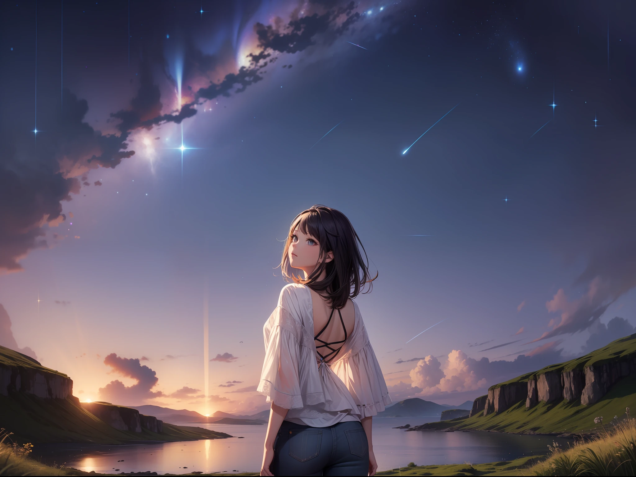 (巨作)、detailded、8K、((Full body back photo visible from head to toe))、Girl in random casual clothes with color and design、short dark hair、Colorful inner hair、Realistic and sharp details、with intricate details、Standing in the back of a meadow on a cliff near the sea, looking up at the ultra-beautiful and full view of multiple starry skies and galaxies.