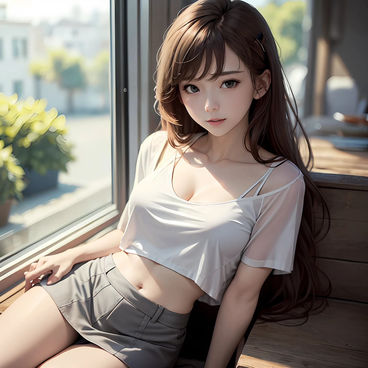 best qualitiy,杰作,Be authentic,specifics,Onegirl,long haired,White top,grey short skirt,Cleavage small breasts,nice breasts,Milky skin,Medium to long brown hair,Photo works,Bright sunlight, --auto