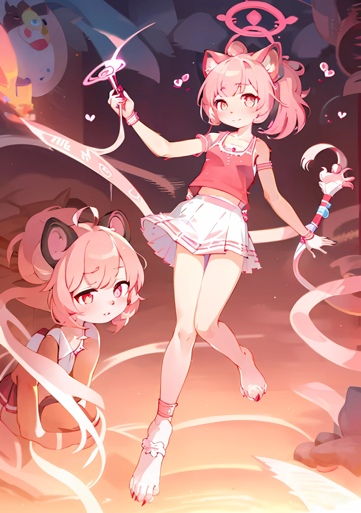 chiquita,Lori,Height 141cm,Halo pink round type,Halo inner circle pink brush shape,Short pink hair ends colored,Hairstyle high double ponytail,A pair of tanuki cat cat ears on the head,The iris is dark red,Heart-shaped pupils,Pupil pink,outfits:red beret,Pink sleeveless top,The pink glove is printed with a red cat's claw pattern on the palm,Pale pink strap skirt,Pink lace fat,Pink tights with red cat's claw motifs printed on the soles of the feet