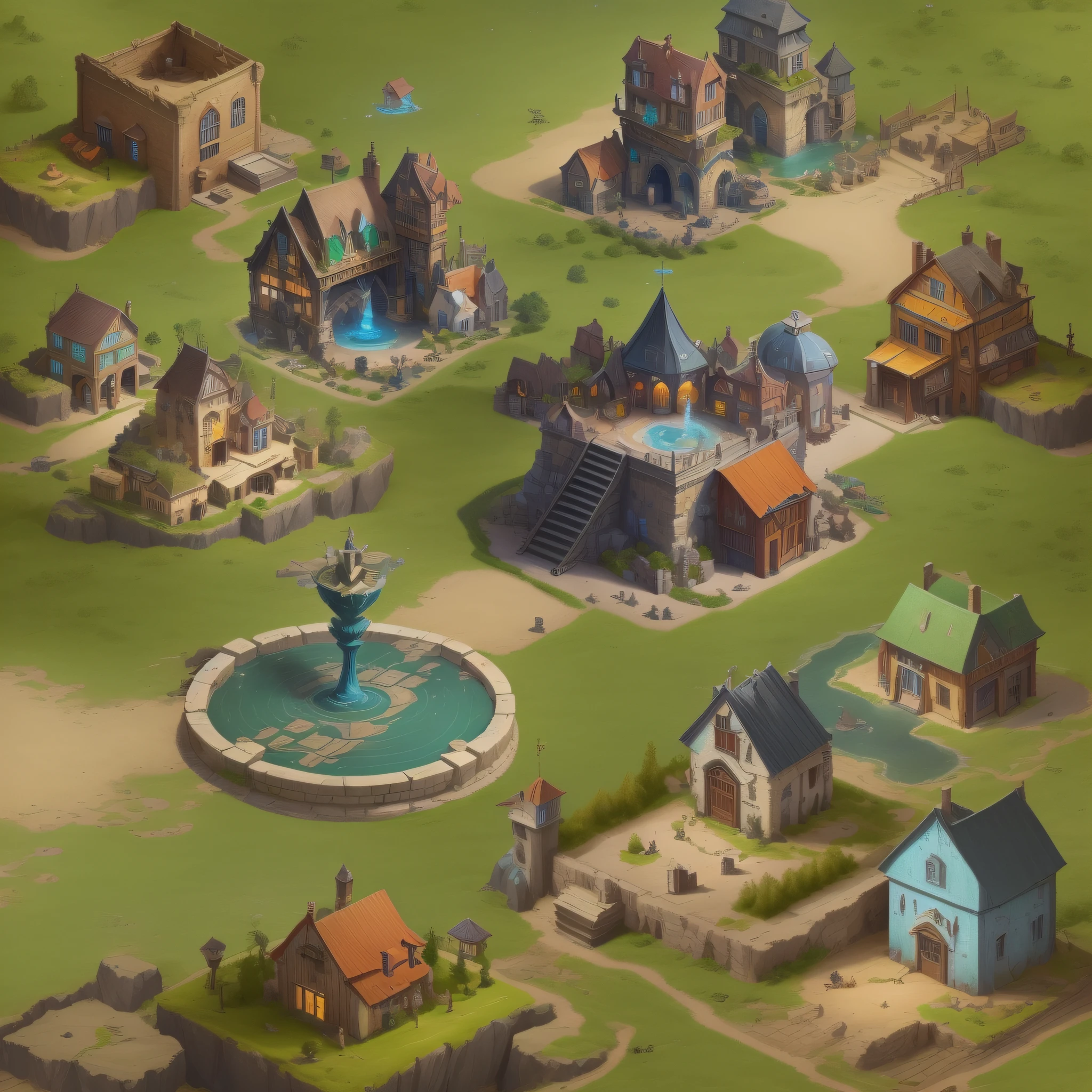 Arafed City,There are fountains and fountains in the middle, renaissance port city background, town background, small settlements, isometric game art, ingame image, town center background, Stylized game art, isometric 2 d game art, isometric game asset, an isometric fantasy map, medeival fantasy town, Detailed game art