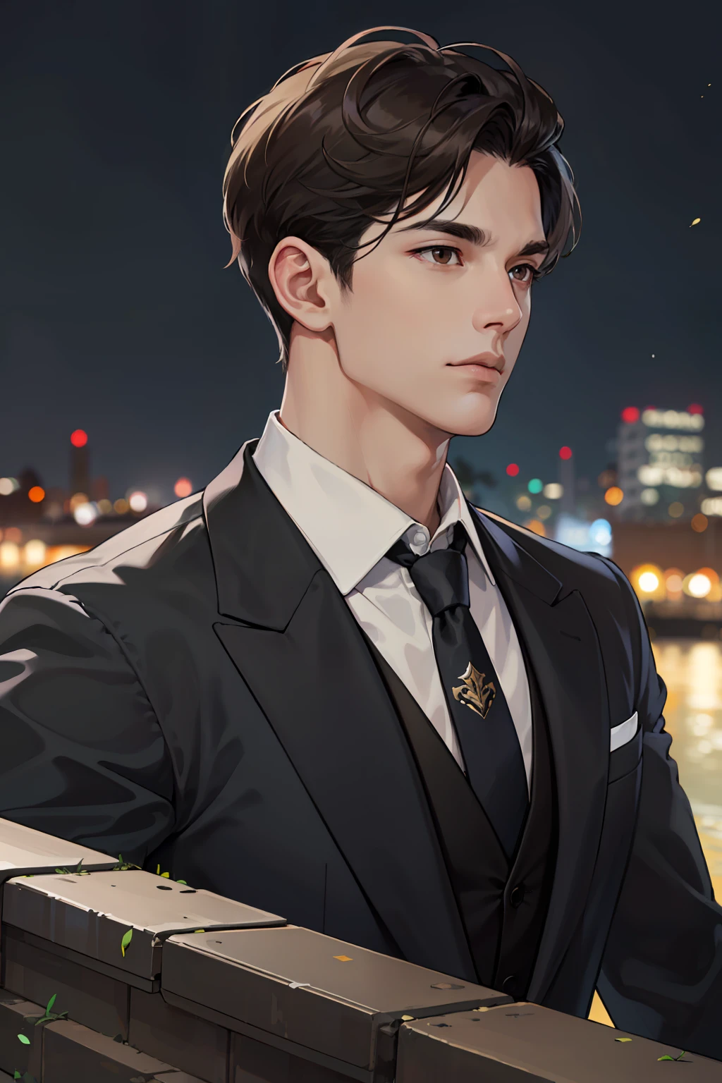 (ridiculous, high resolution, super detailed, realistic,), 1 male, soloist, adult, mature, tall, broad shoulders, handsome, extremely short hair, black hair, brown eyes, angular chin, thick neck, thick eyebrows, night, dark, night city background, formal wear, tie, upper body