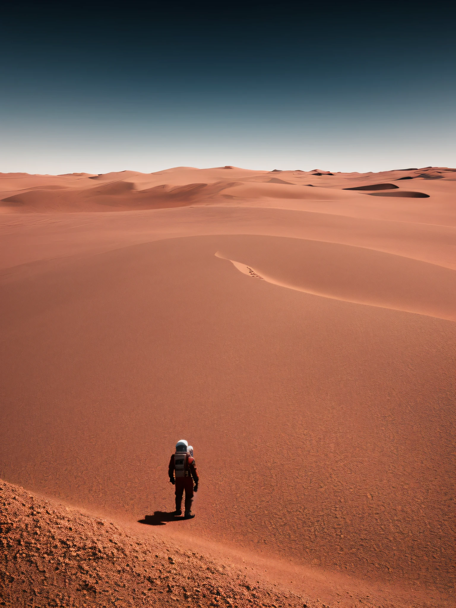 A lone figure stands, sprawling dune of crimson, Martian sand under, sky dotted, a streamlined spacesuit rendered in titanium and black, captures the scale of the scene, by David Lynch, ray tracing, anaglyph, pov, anatomically correct, award winning