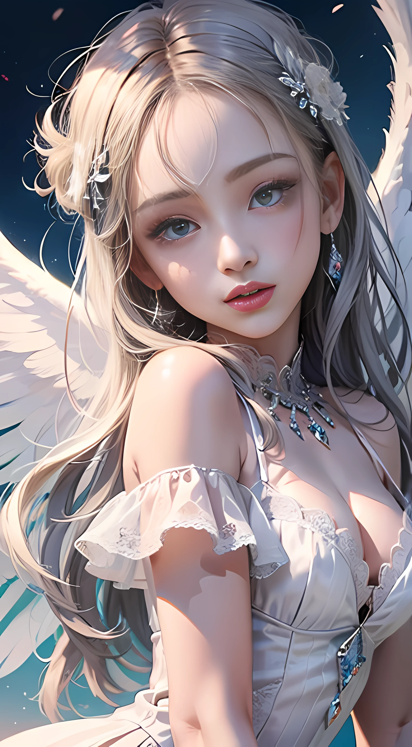 Ultra high quality,8K,1girls,An angel,White feathered wings,Silvery hair,Close-up of the head,White lace dress,sun is shining,sun is shining,a brightly coloured