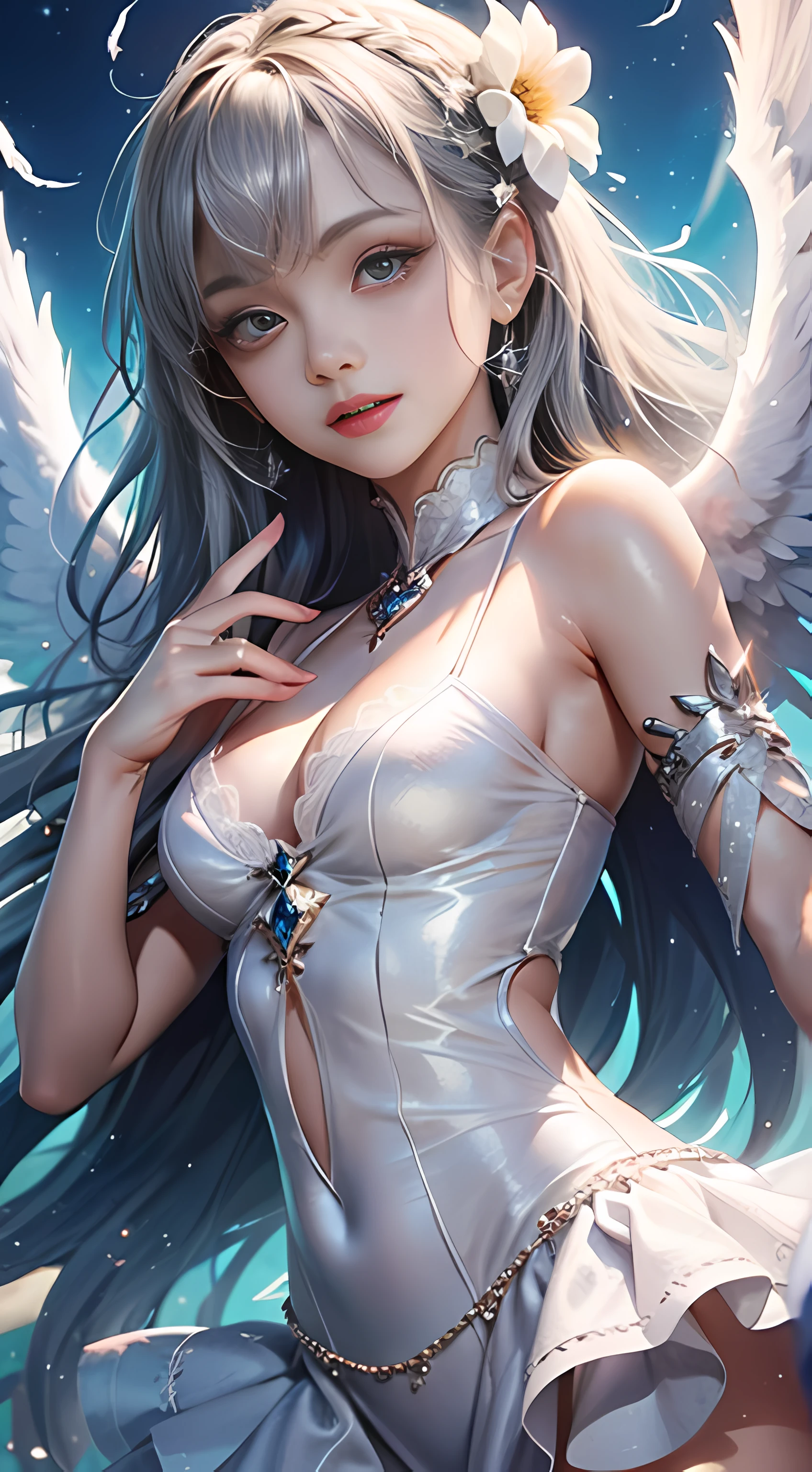 Ultra high quality,8K,1girls,An angel,White feathered wings,Silvery hair,Close-up of the head,White lace dress,sun is shining,sun is shining,a brightly coloured