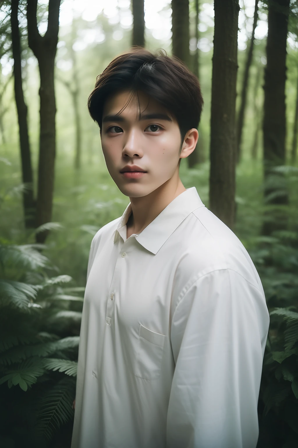 OriginalPhotographs, Portrait photo of 22 years old.Oh,Men, traveler clothes, stood in a forest, Natural skin, 8K UHD, High quality, filmgrain, Fujifilm XT3