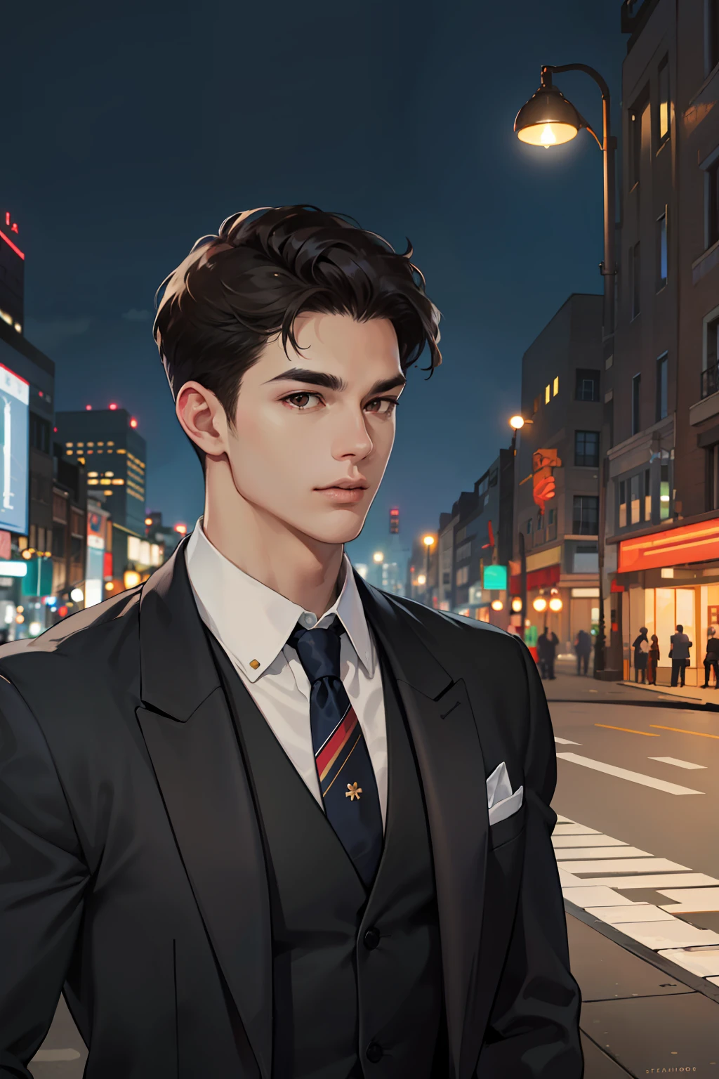 (ridiculous, high resolution, super detailed, realistic,), 1 male, soloist, adult, mature, tall, broad shoulders, handsome, extremely short hair, black hair, brown eyes, angular chin, thick neck, thick eyebrows, night, dark, night city background, formal wear, tie, upper body