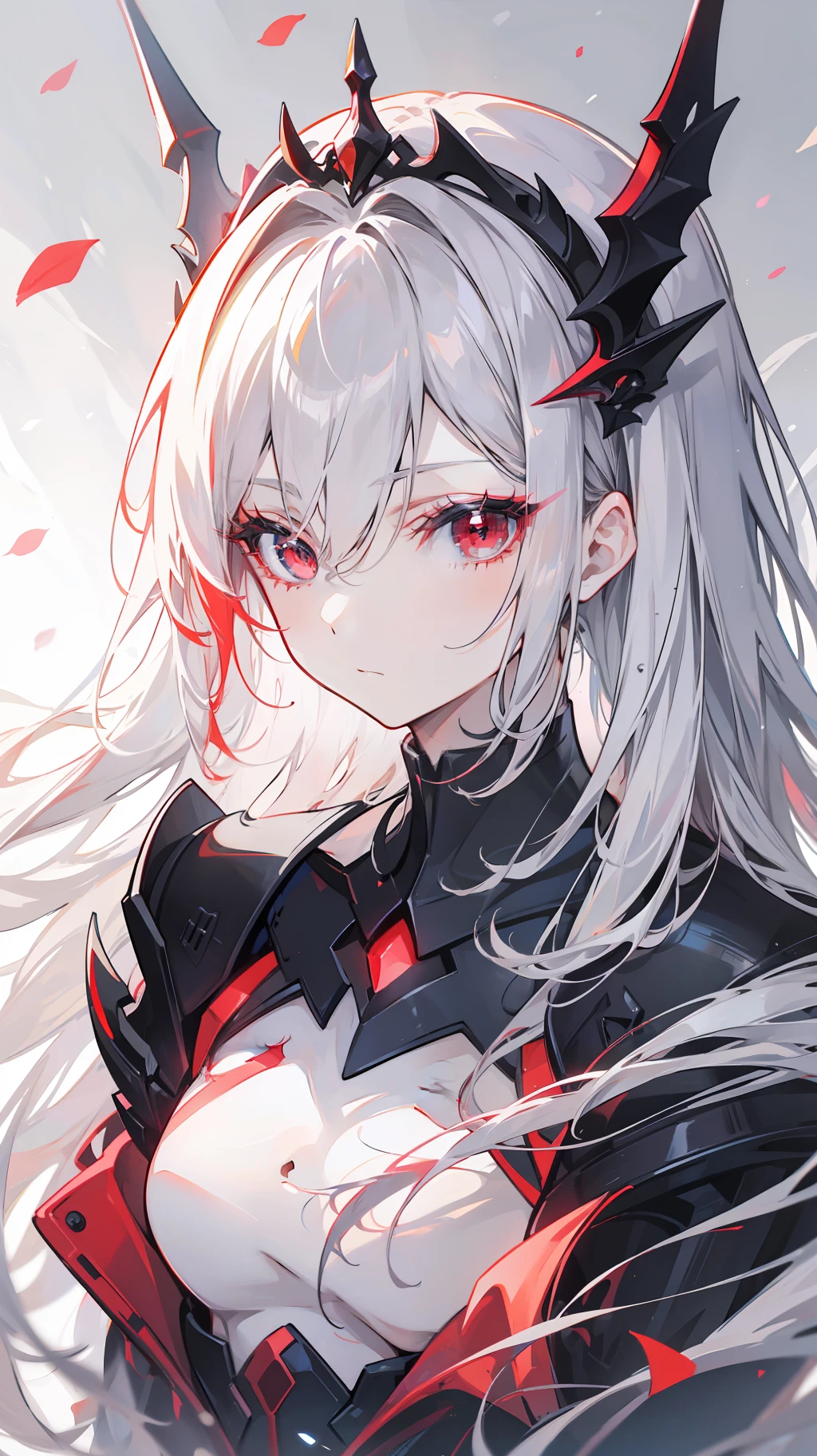 half-body,A girl,cabelos preto e longos,Delicate red eyes,diadem,Detailed eyes,eyelash,Red Eyeshadow,textured skin, high details, super detail, 16k