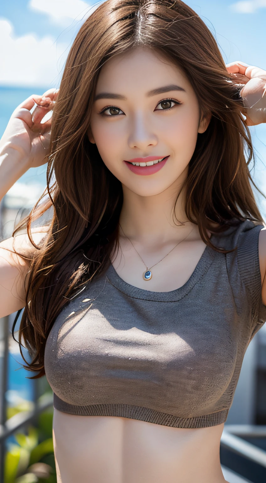 ((Realistic lighting、beste Quality、8K、Master Masterpiece:1.3))、Clear focus:1.2、 a girl、Perfect Body Beauty:1.4、Slim abs:1.1、a whole body、((darkbrown hair、a large breast:1.3))、(Acceleration:1.4)、(al fresco、Daylight:1.1)、View of Waikiki Beach、Palm Tree、slender face、Fine eyes、Double eyelidd、poses of fashion models、Floating hair、T‐shirt、Pendants、Angel Smile、Smile of shame
