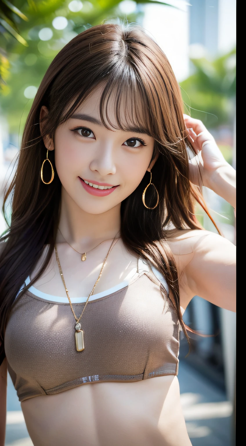 ((Realistic lighting、beste Quality、8K、Master Masterpiece:1.3))、Clear focus:1.2、 a girl、Perfect Body Beauty:1.4、Slim abs:1.1、a whole body、((darkbrown hair、a large breast:1.3))、(Acceleration:1.4)、(al fresco、Daylight:1.1)、View of Waikiki Beach、Palm Tree、slender face、Fine eyes、Double eyelidd、poses of fashion models、Floating hair、T‐shirt、Pendants、Angel Smile、Smile of shame